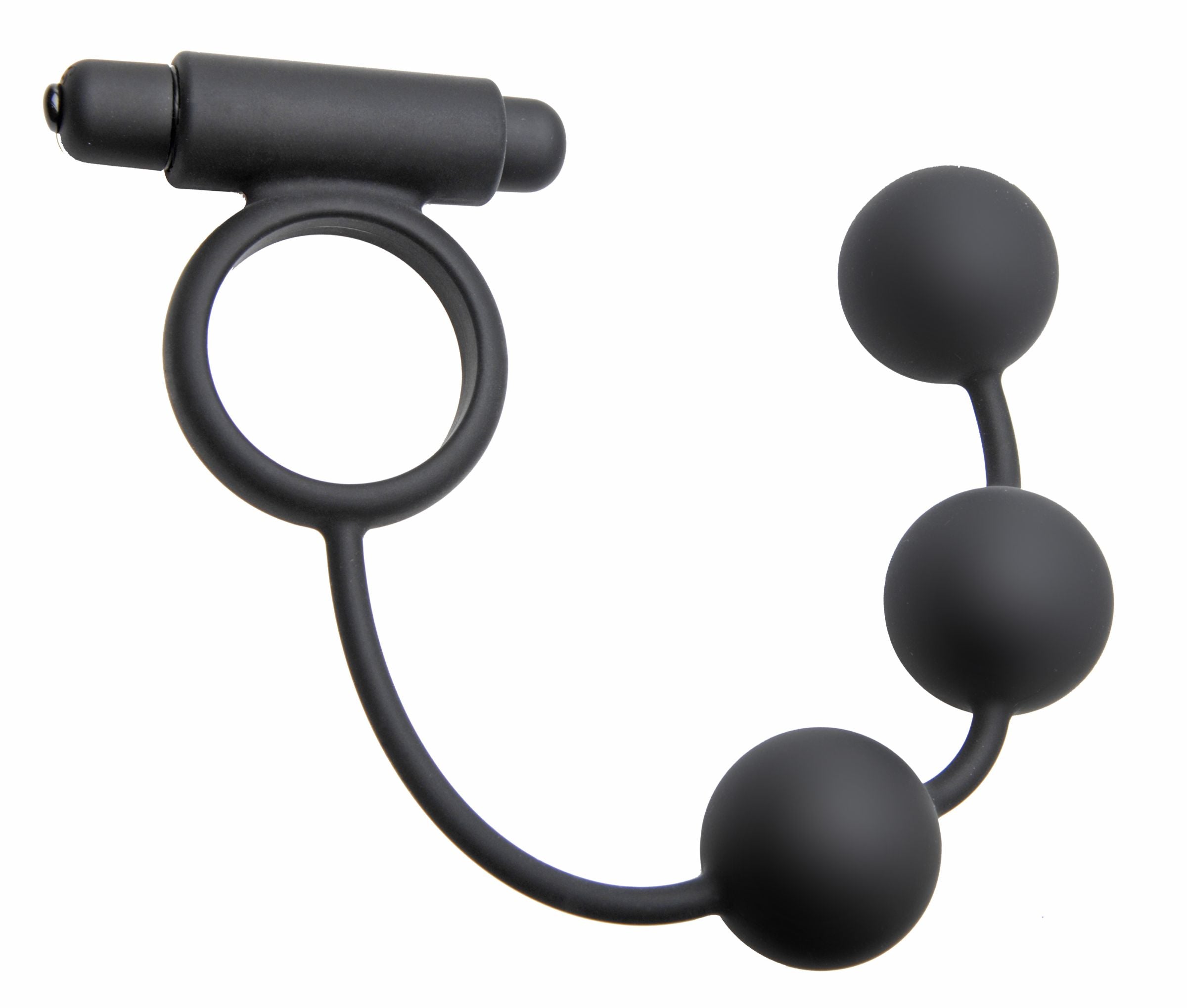 Tri-Orb Vibrating Cock Ring and Weighted Silicone Anal Balls in black, showcasing its sleek design and premium silicone material.