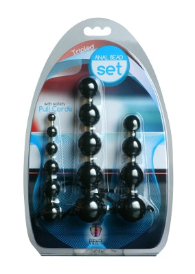 Tripled Anal Beads Set featuring three graduated sizes in sleek black TPR material for enhanced pleasure.