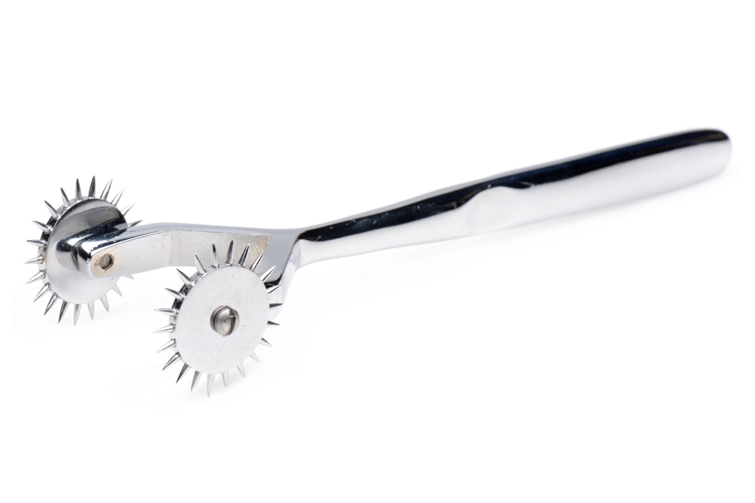 Twin Sensation Wartenberg Pin Wheel made of stainless steel with dual spinning heads for enhanced pleasure.