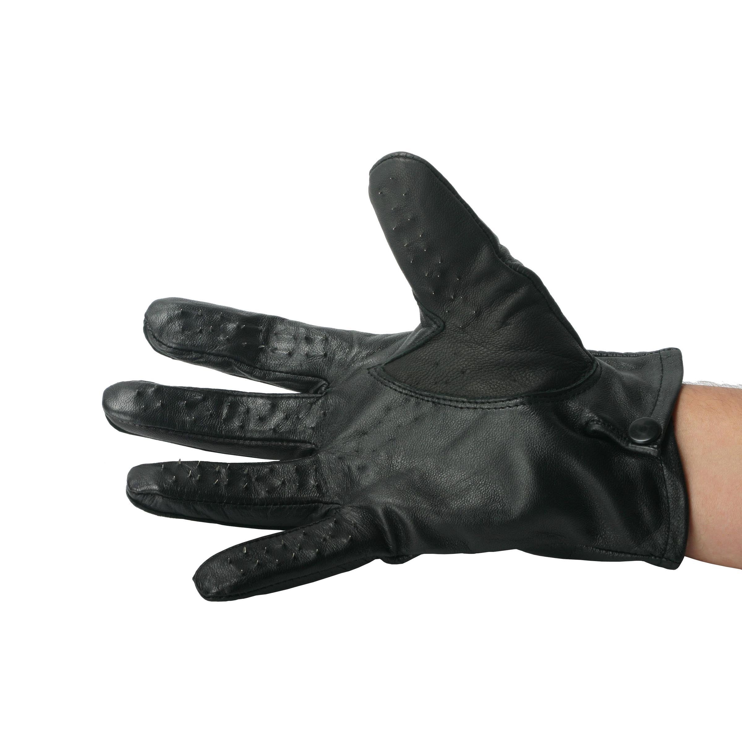 A pair of black lambskin leather Vampire Gloves with tacks for sensation play, showcasing their luxurious design and button snap closure.