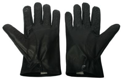 A pair of black lambskin leather Vampire Gloves with tacks for sensation play, showcasing their luxurious design and button snap closure.