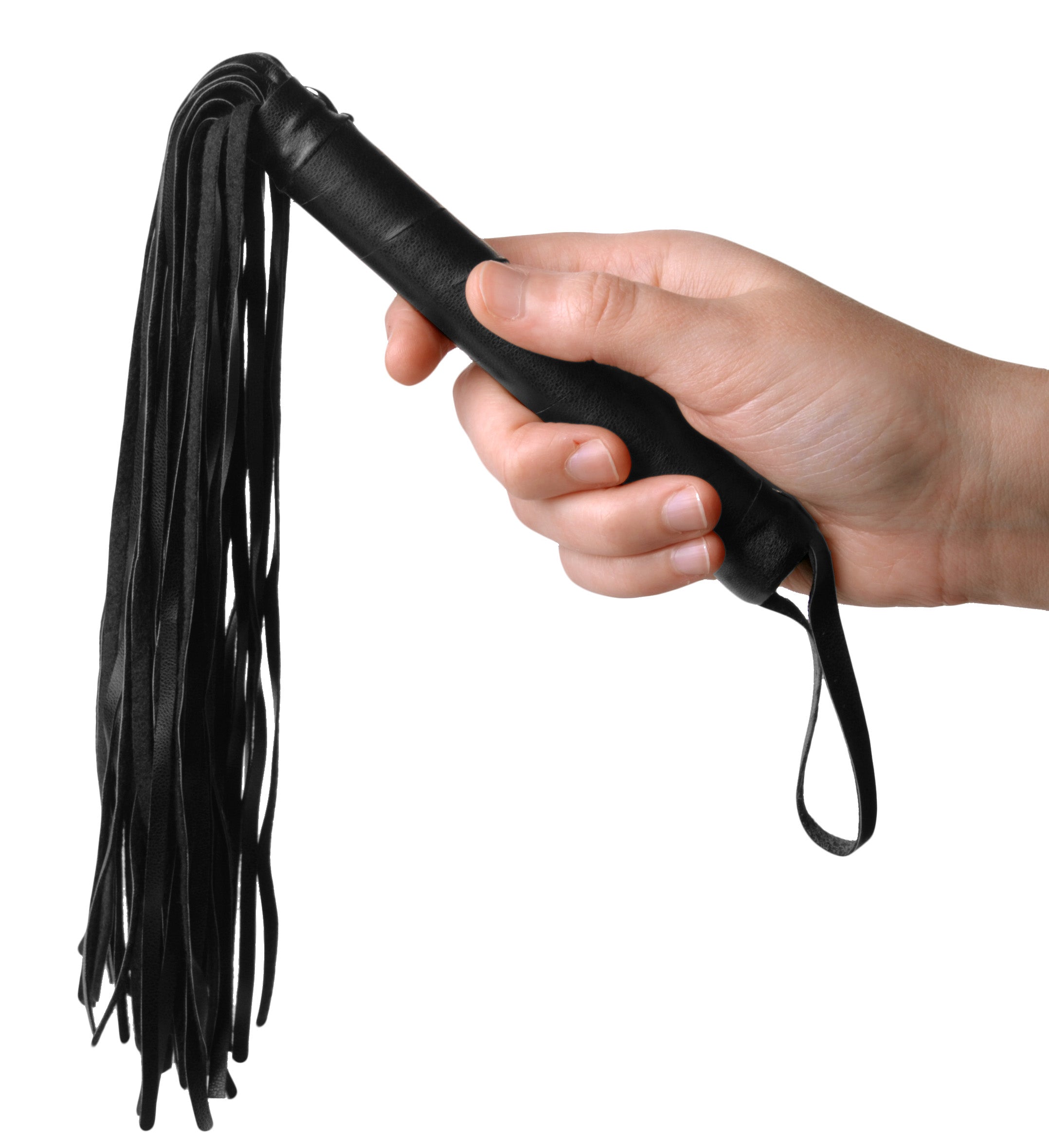 A stylish Vegan Leather Flogger with soft falls and a spiral-wrapped handle, perfect for sensory play.