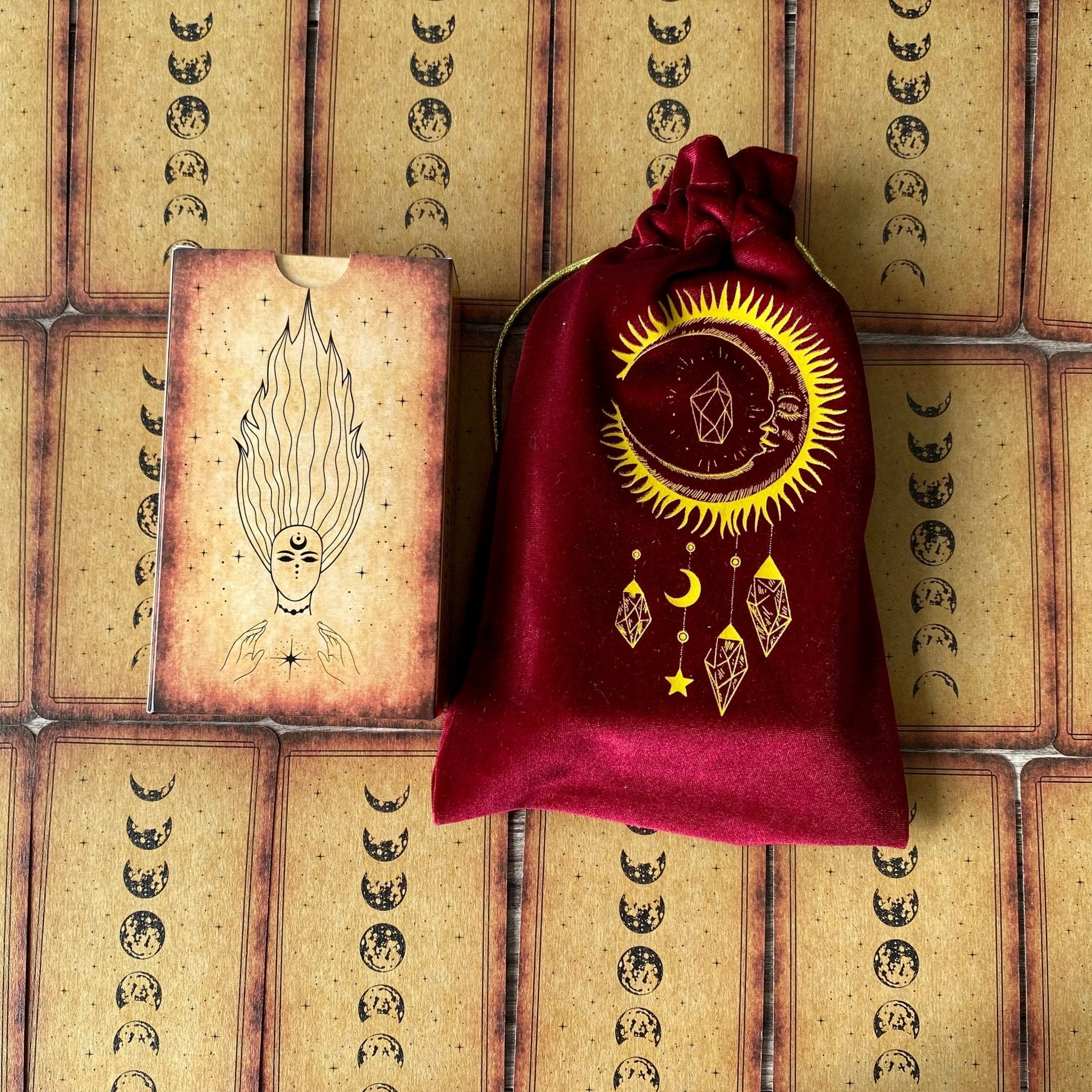 Luxurious red and gold velvet tarot bag designed for storing tarot cards, featuring a soft texture and elegant appearance.