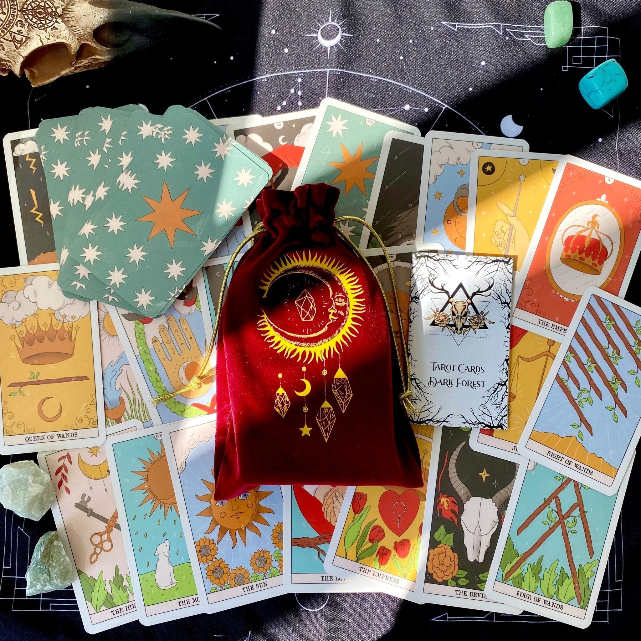 Luxurious red and gold velvet tarot bag designed for storing tarot cards, featuring a soft texture and elegant appearance.