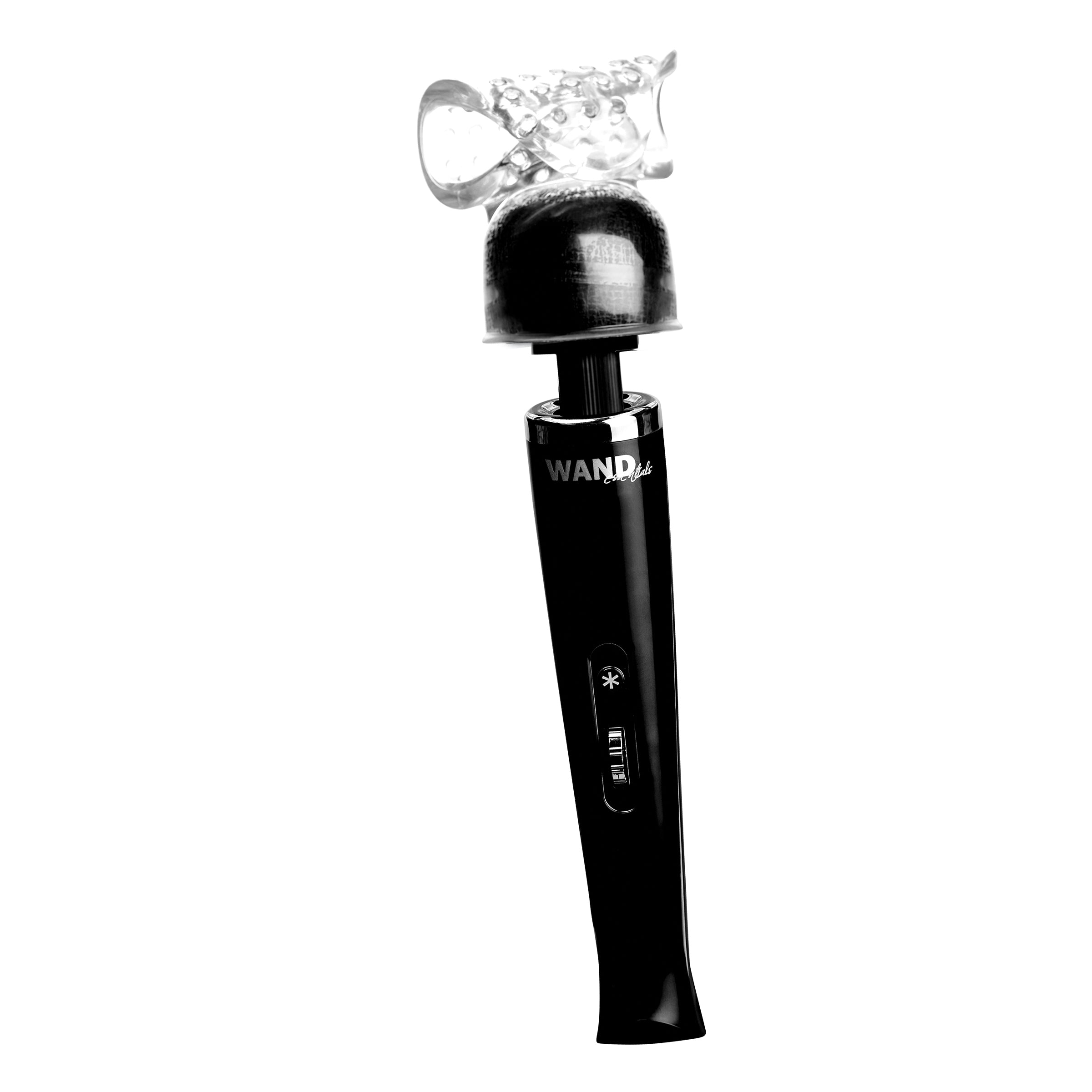 Vibra-Stroke Masturbator Wand Attachment showcasing its clear, beaded texture designed for male pleasure.