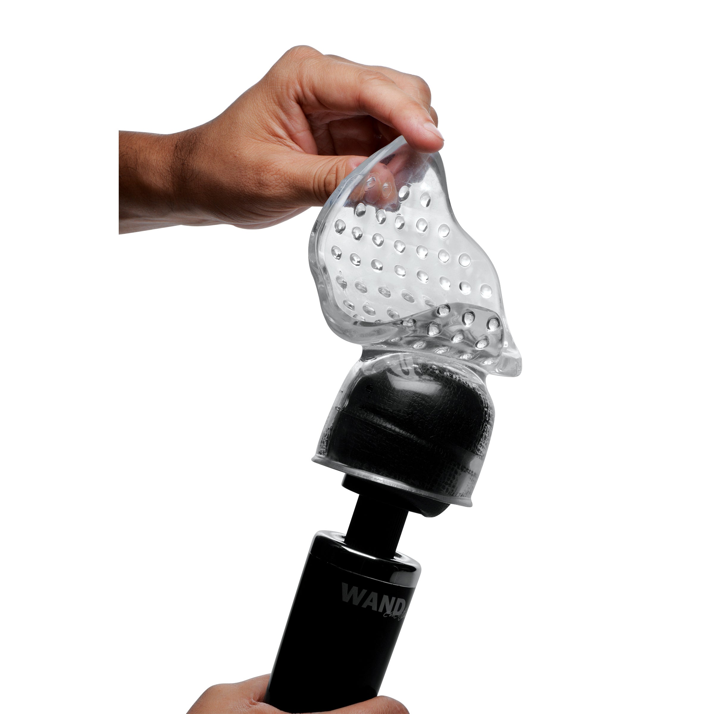 Vibra-Stroke Masturbator Wand Attachment showcasing its clear, beaded texture designed for male pleasure.