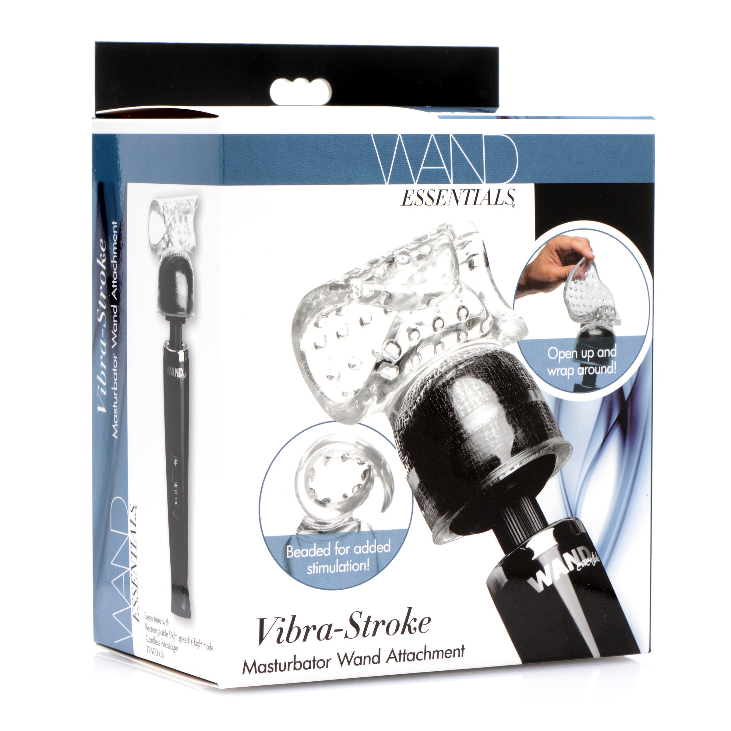 Vibra-Stroke Masturbator Wand Attachment showcasing its clear, beaded texture designed for male pleasure.