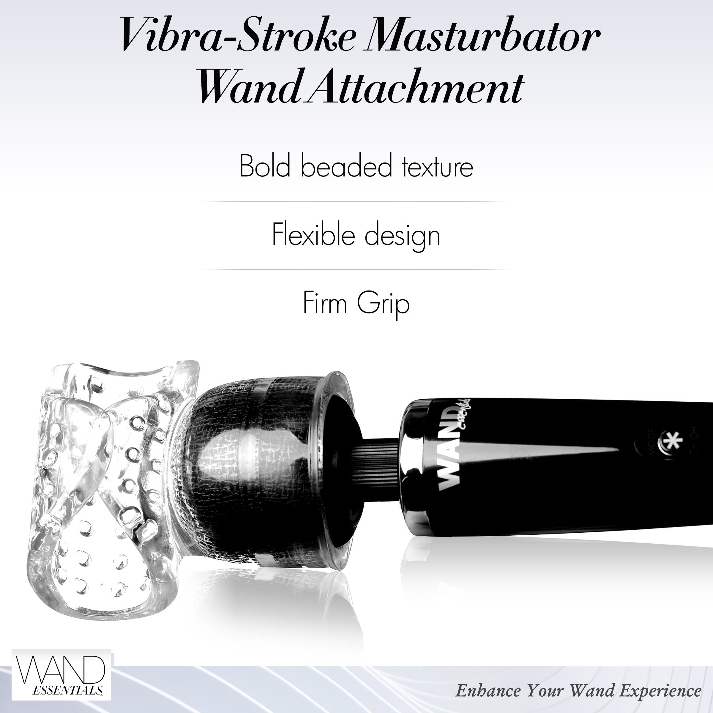 Vibra-Stroke Masturbator Wand Attachment showcasing its clear, beaded texture designed for male pleasure.