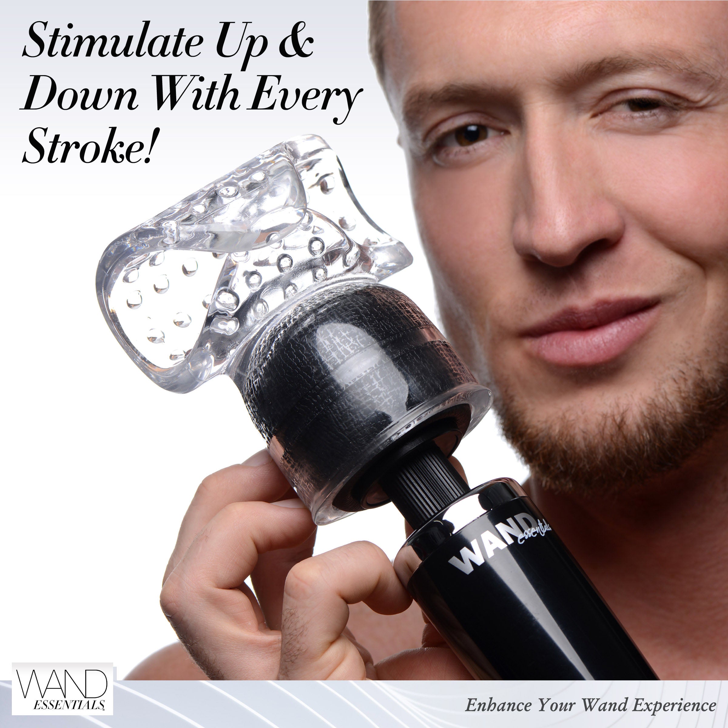 Vibra-Stroke Masturbator Wand Attachment showcasing its clear, beaded texture designed for male pleasure.