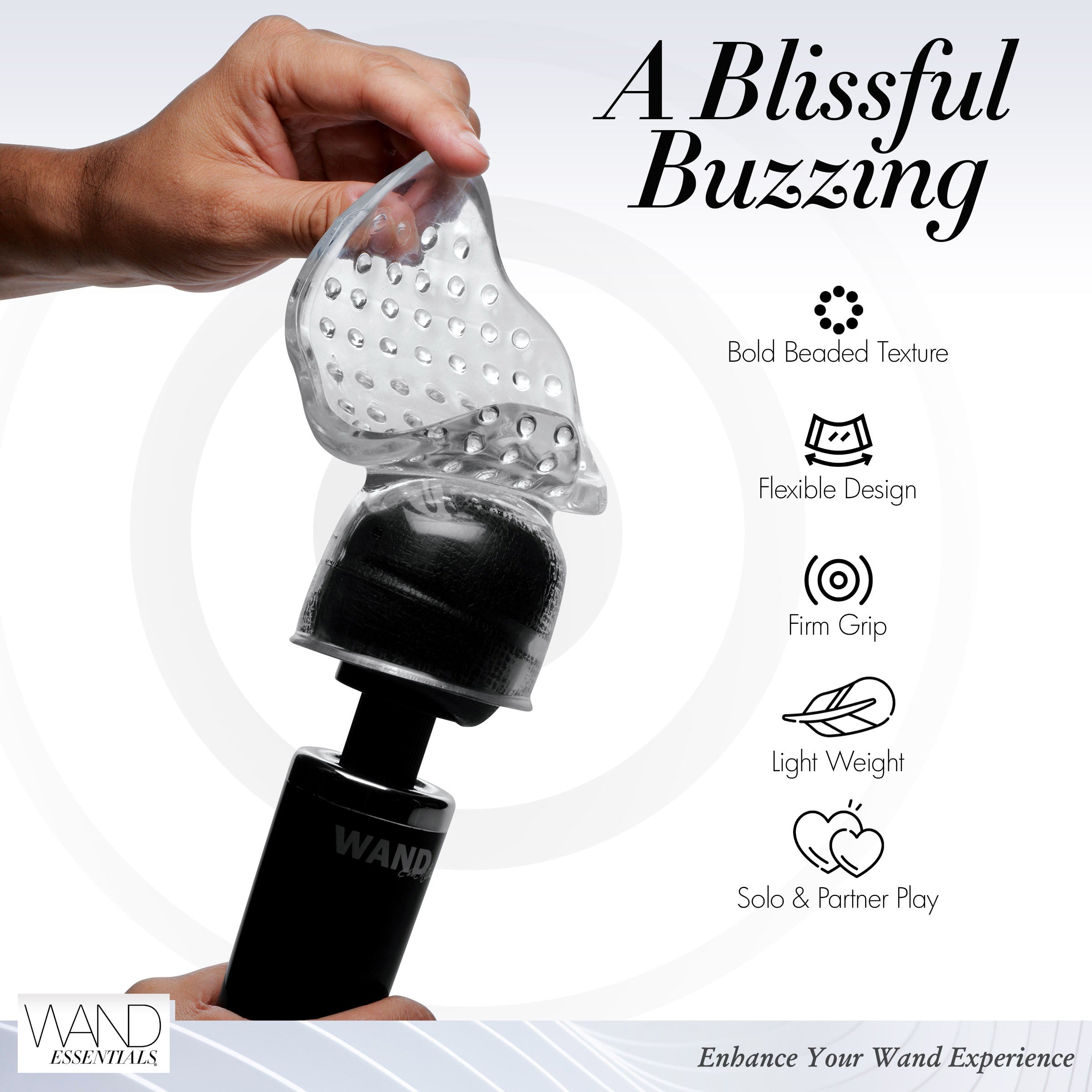 Vibra-Stroke Masturbator Wand Attachment showcasing its clear, beaded texture designed for male pleasure.