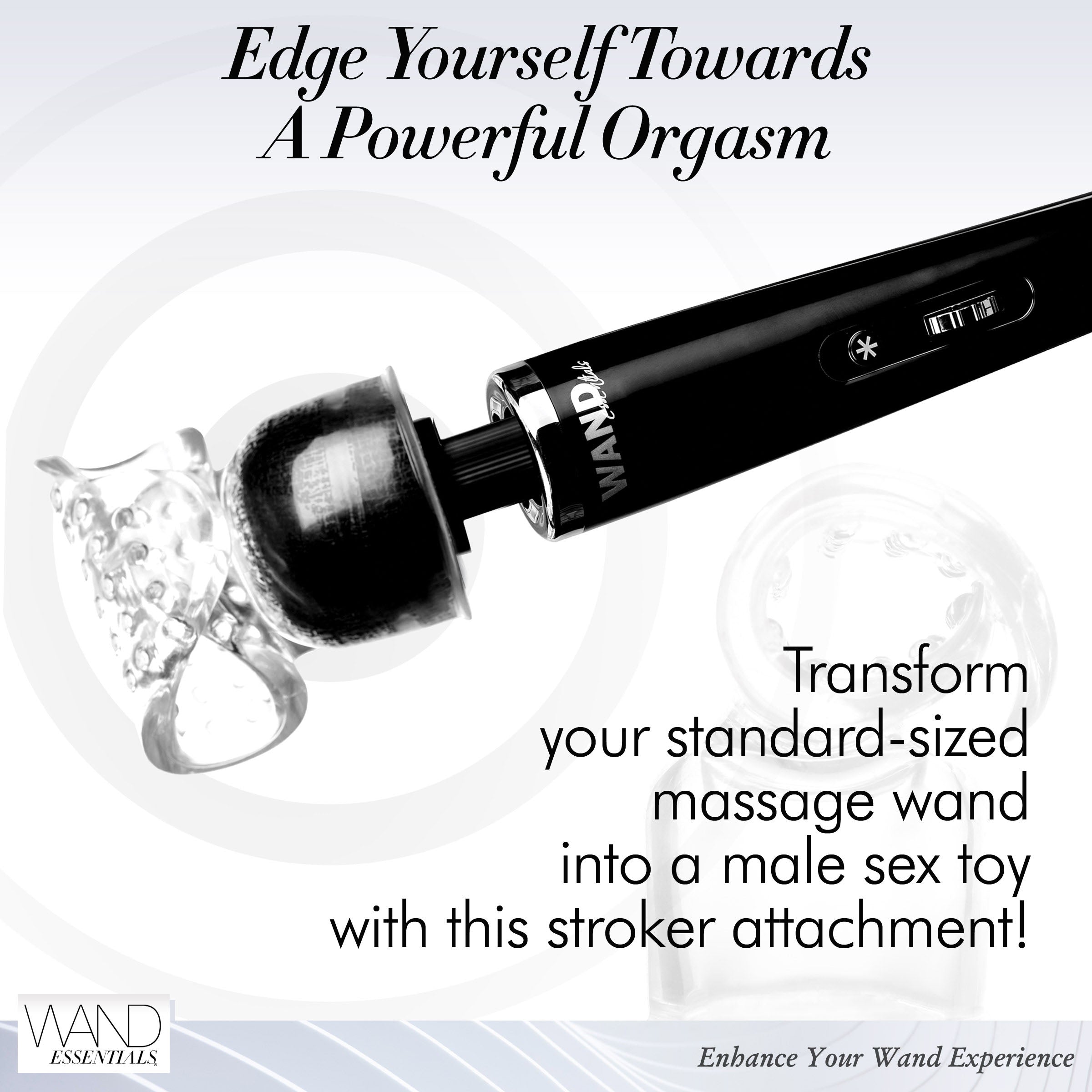 Vibra-Stroke Masturbator Wand Attachment showcasing its clear, beaded texture designed for male pleasure.