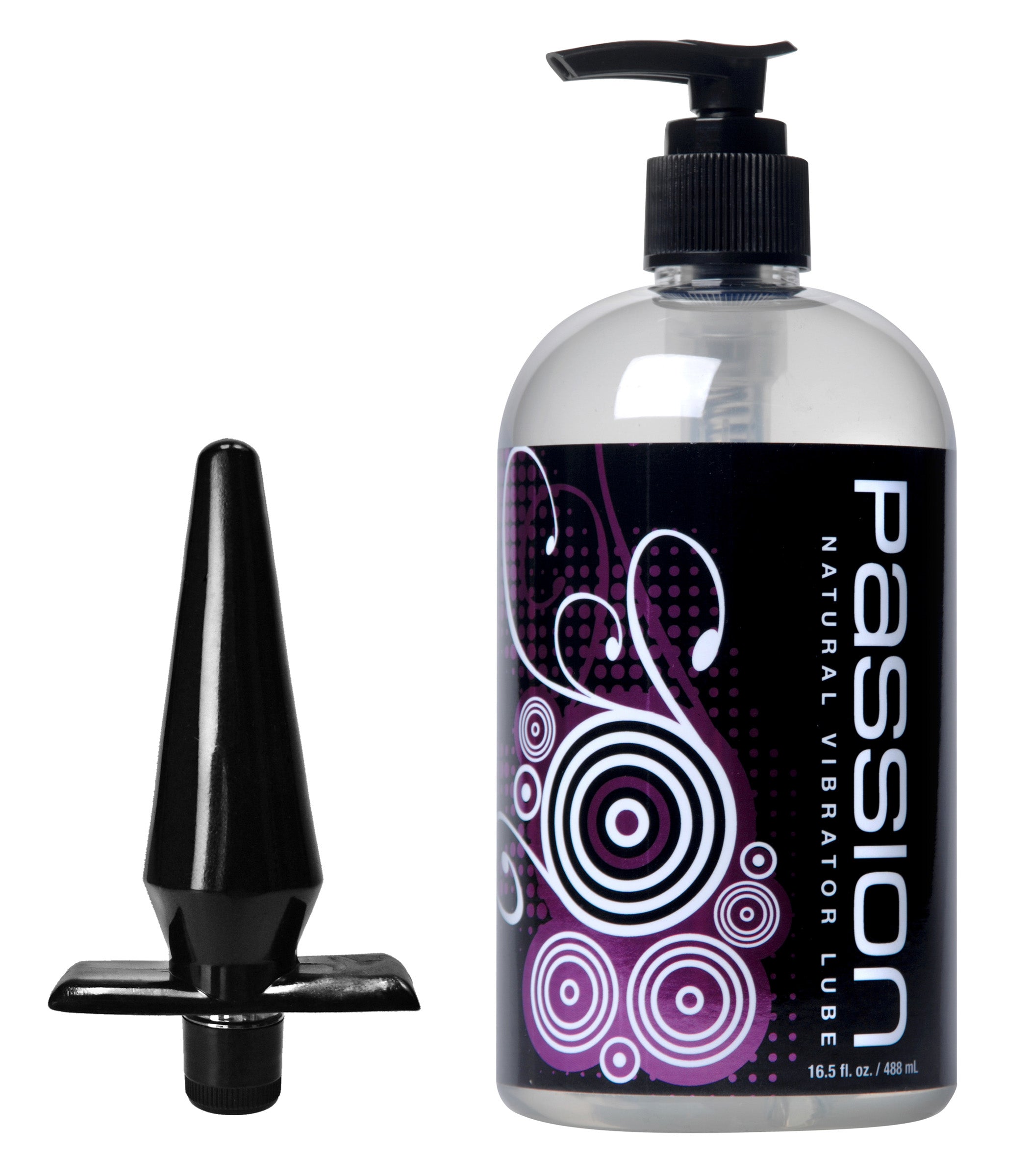 Vibrating anal plug with 16 oz Passion Lube, showcasing the sleek black design and packaging.