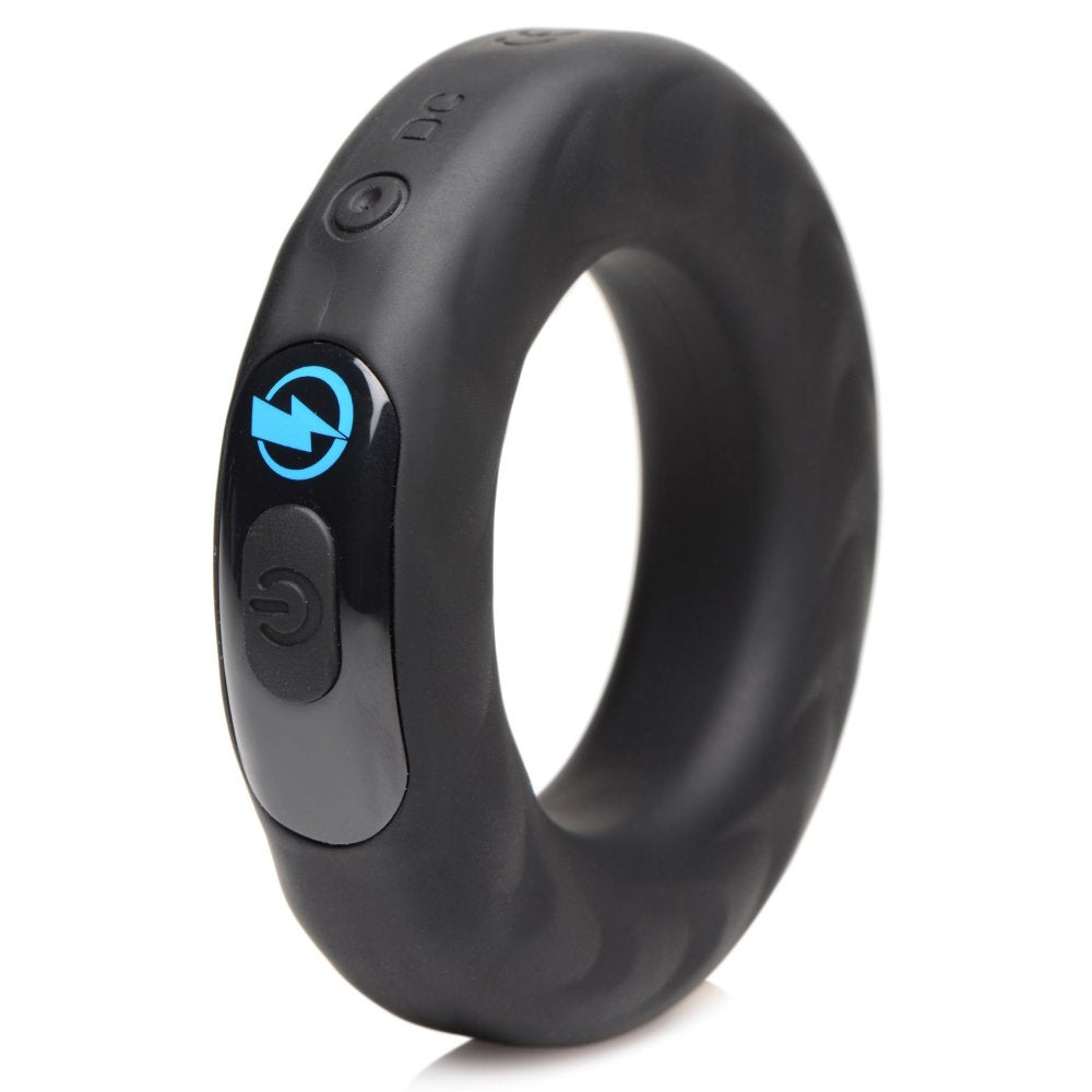 Vibrating E-Stim Silicone Cock Ring with remote control, showcasing its sleek design and premium silicone material.