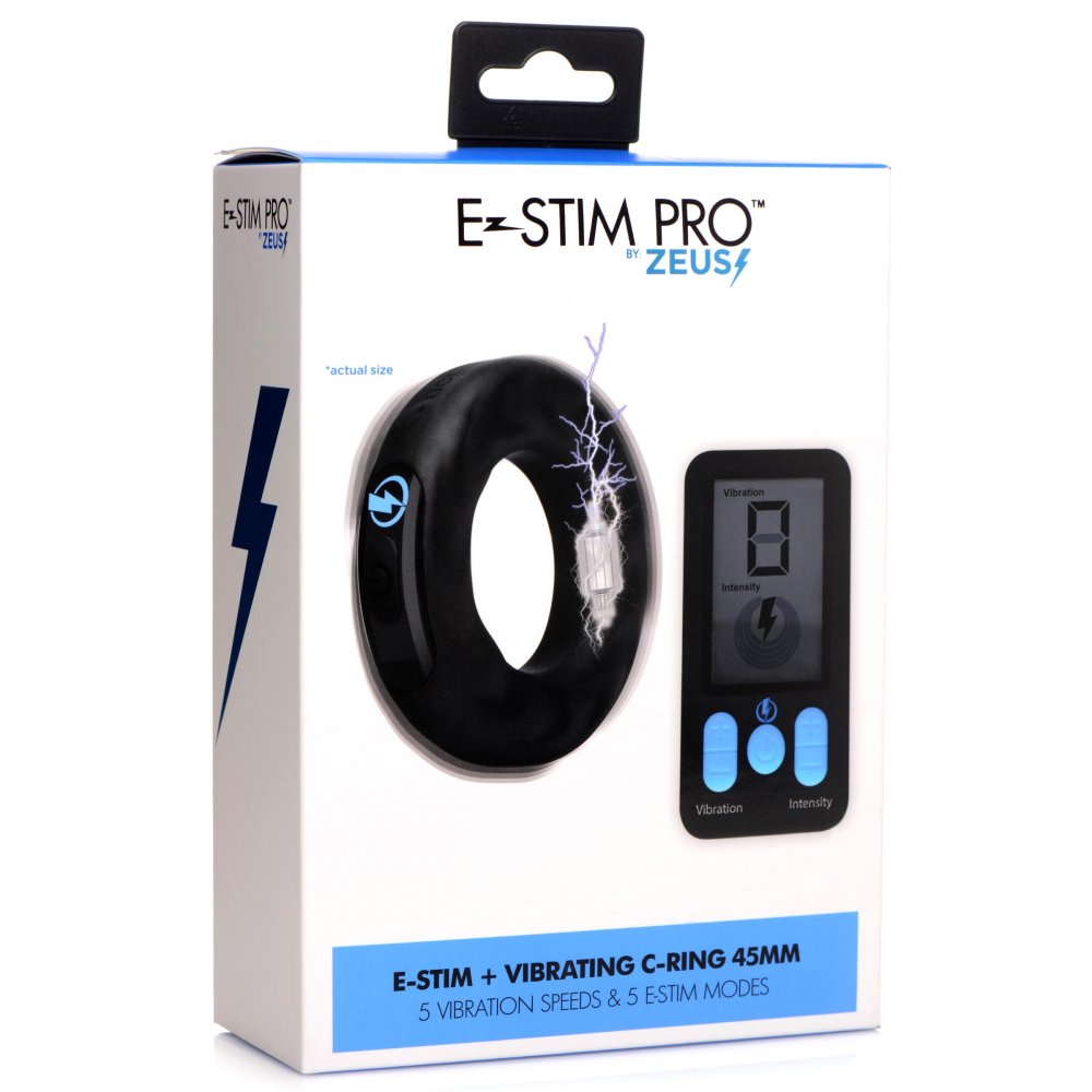 Vibrating E-Stim Silicone Cock Ring with remote control, showcasing its sleek design and premium silicone material.