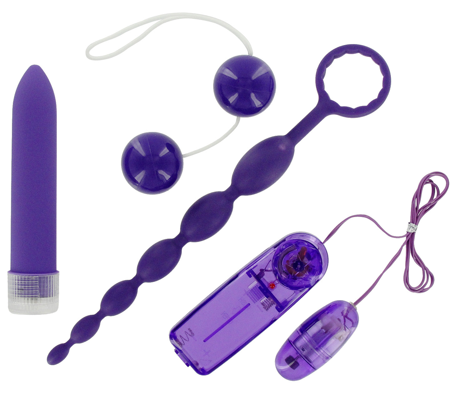 Violet Bliss Couples Kit featuring a slim vibe, bullet vibe, beaded anal pleaser, and Kegel exerciser in elegant violet color.