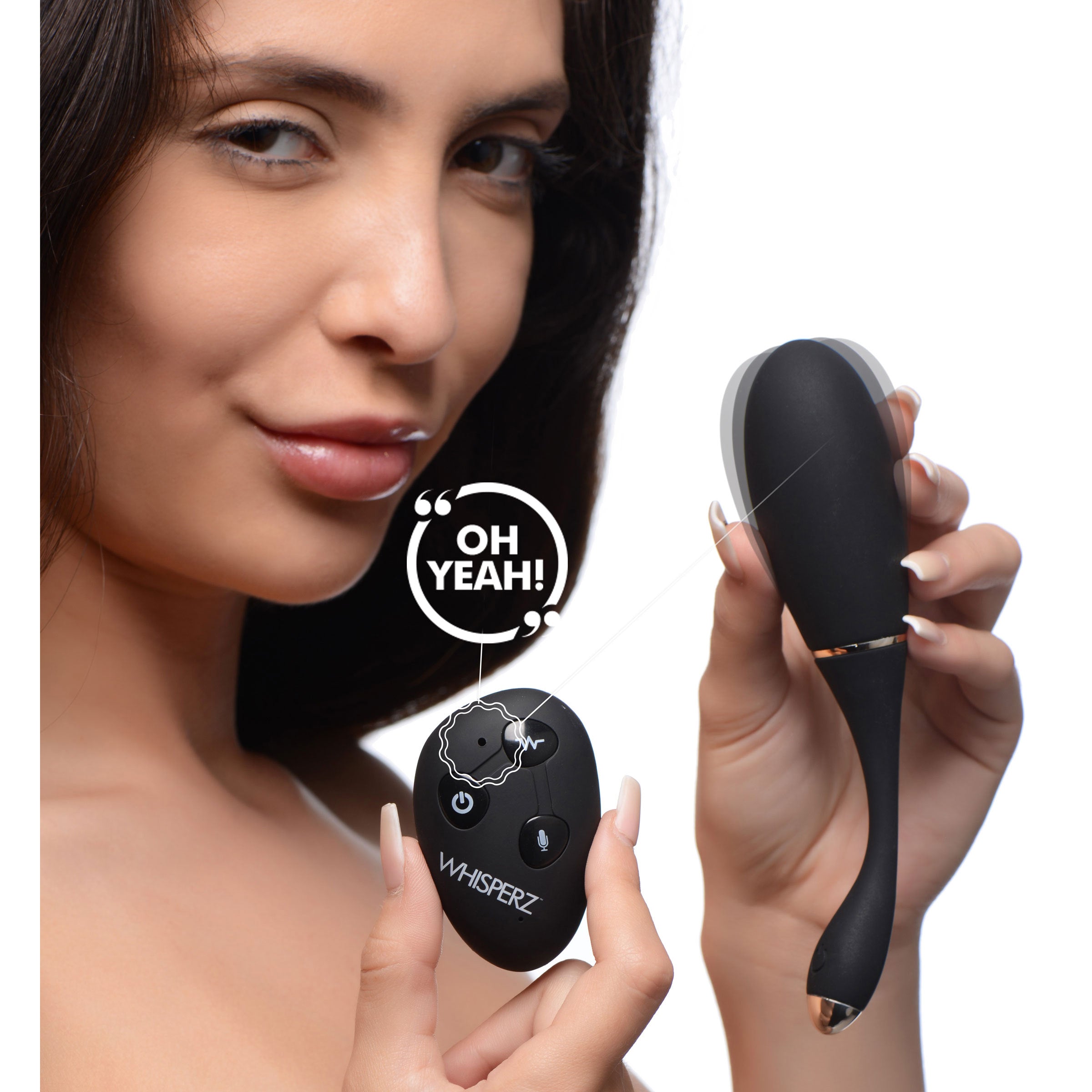 Voice Activated 10X Vibrating Egg with Remote Control in sleek black silicone, showcasing its smooth texture and compact design.