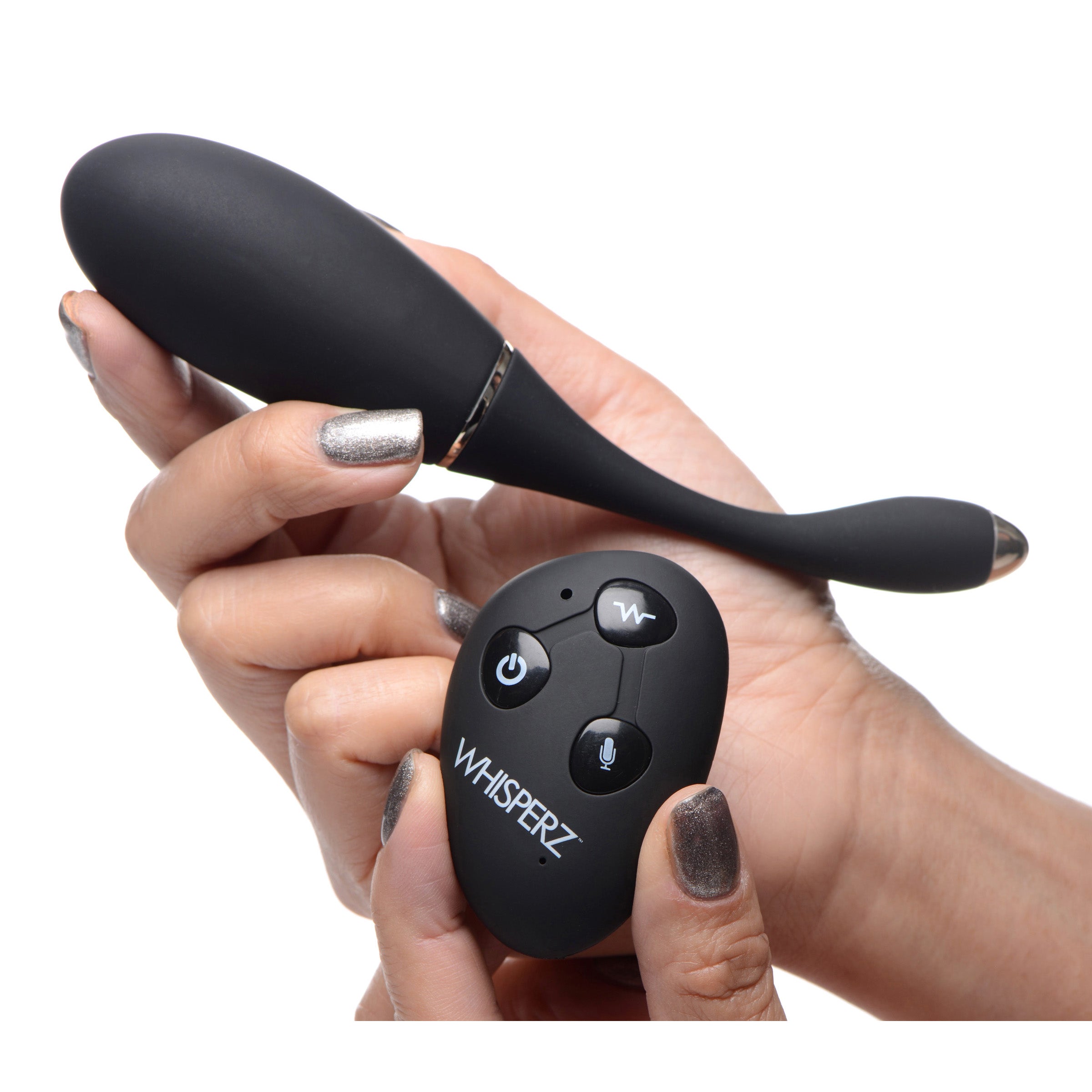 Voice Activated 10X Vibrating Egg with Remote Control in sleek black silicone, showcasing its smooth texture and compact design.