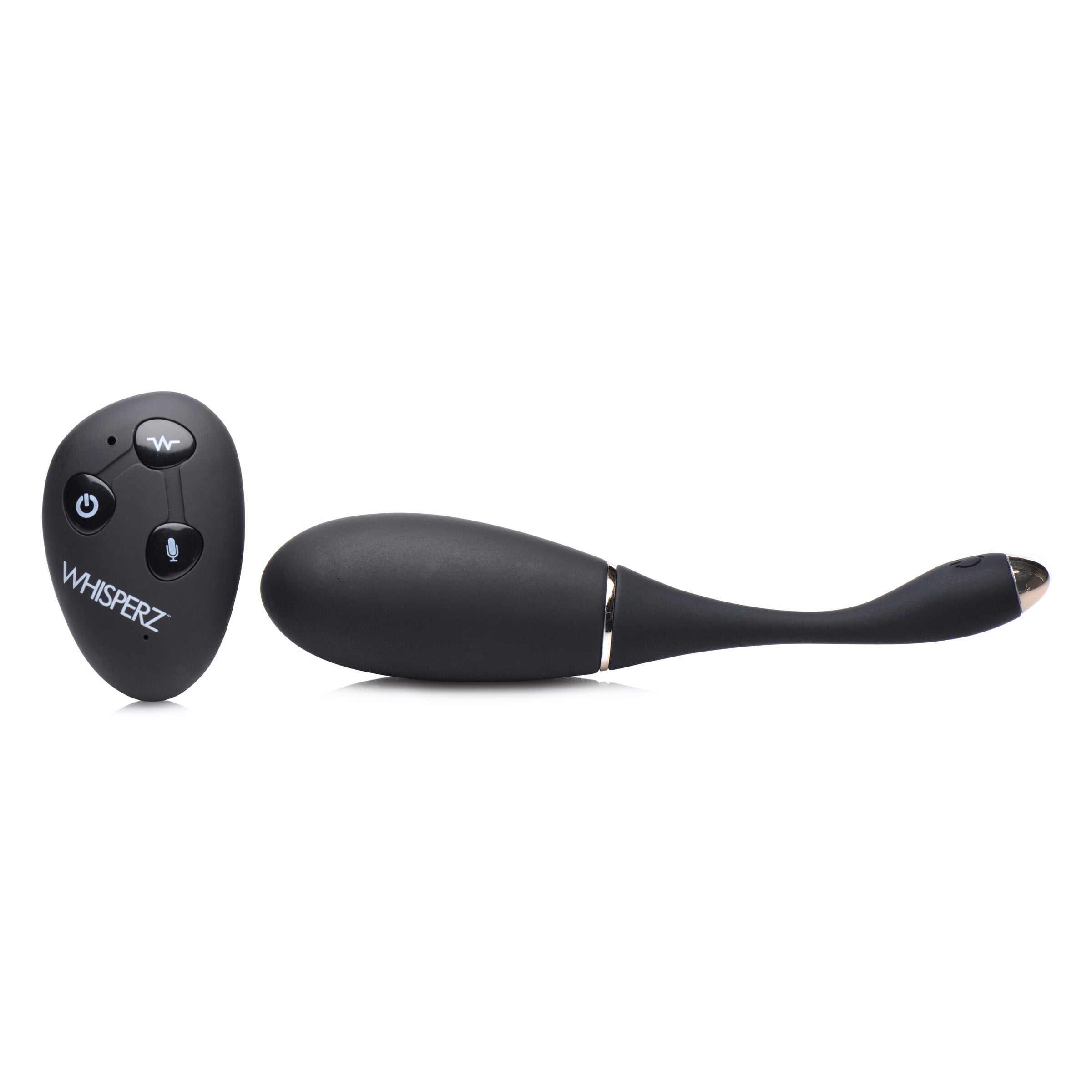 Voice Activated 10X Vibrating Egg with Remote Control in sleek black silicone, showcasing its smooth texture and compact design.