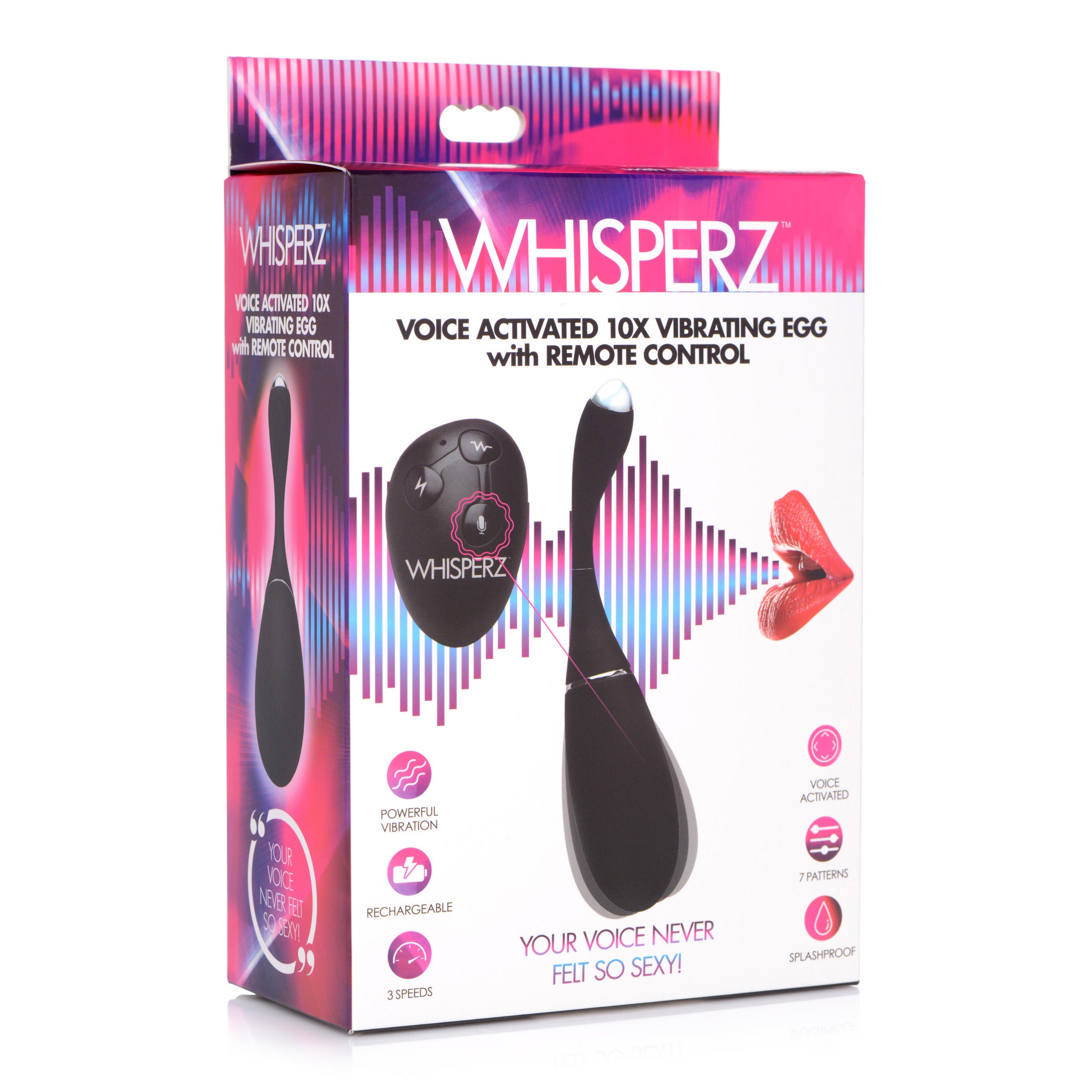 Voice Activated 10X Vibrating Egg with Remote Control in sleek black silicone, showcasing its smooth texture and compact design.