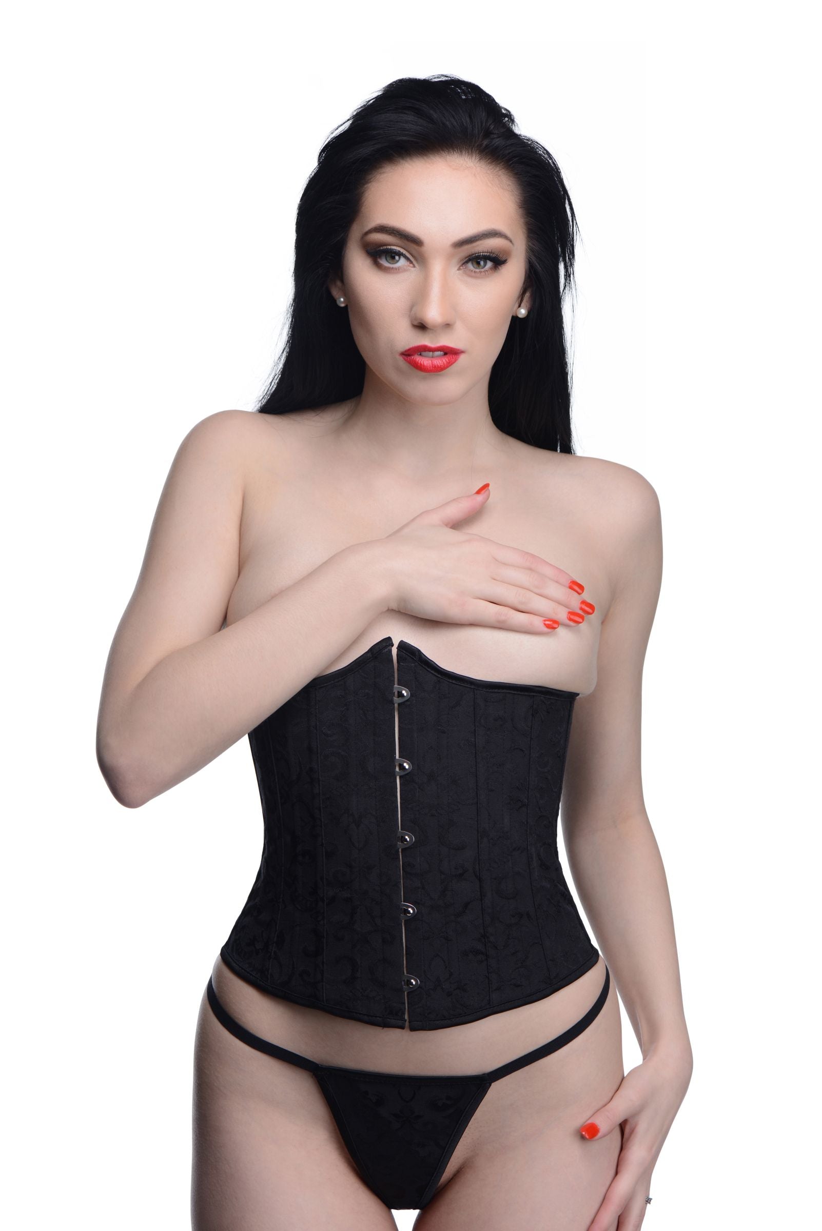 A luxurious black underbust corset with matching G-string, featuring elegant brocade design and ribbon laces.