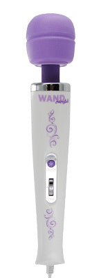 Wand Essentials 8 Speed 8 Mode Massager in purple and white, showcasing its flexible neck and massage head.