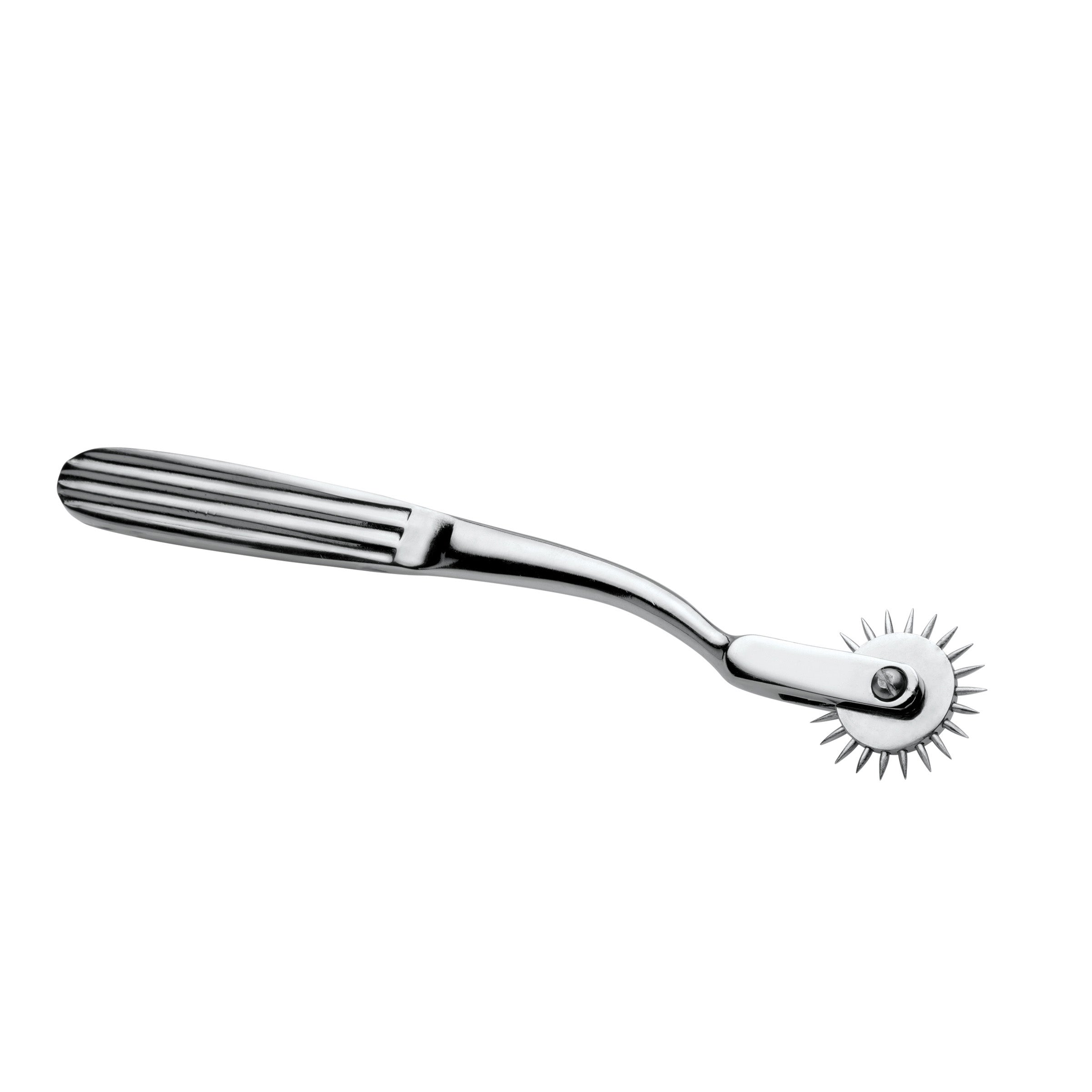 A stainless steel Wartenberg Wheel with sharp pins, designed for BDSM sensation play, showcasing its sleek grey finish.