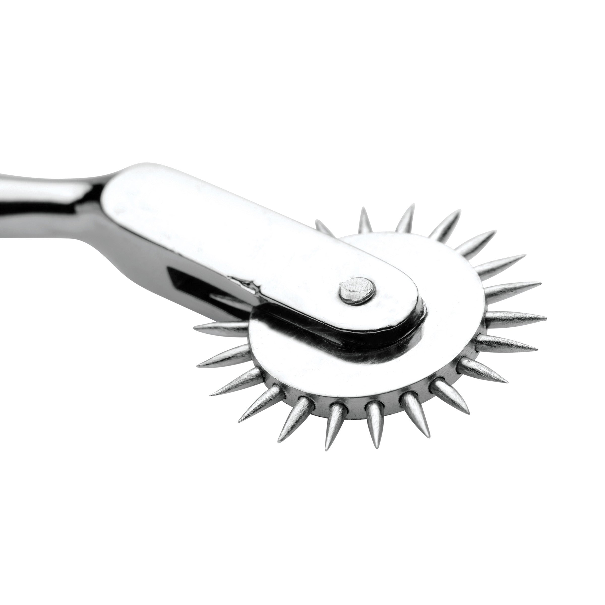 A stainless steel Wartenberg Wheel with sharp pins, designed for BDSM sensation play, showcasing its sleek grey finish.