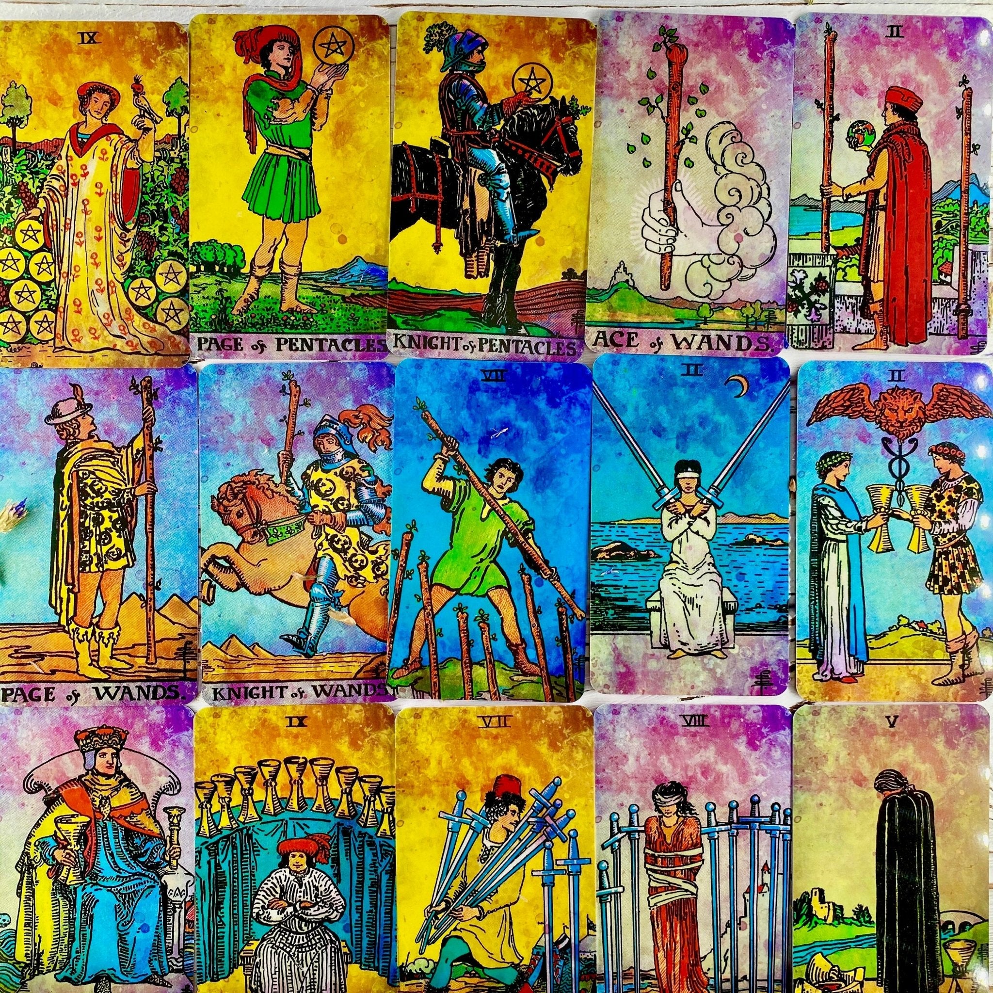 A selection of colorful tarot cards.