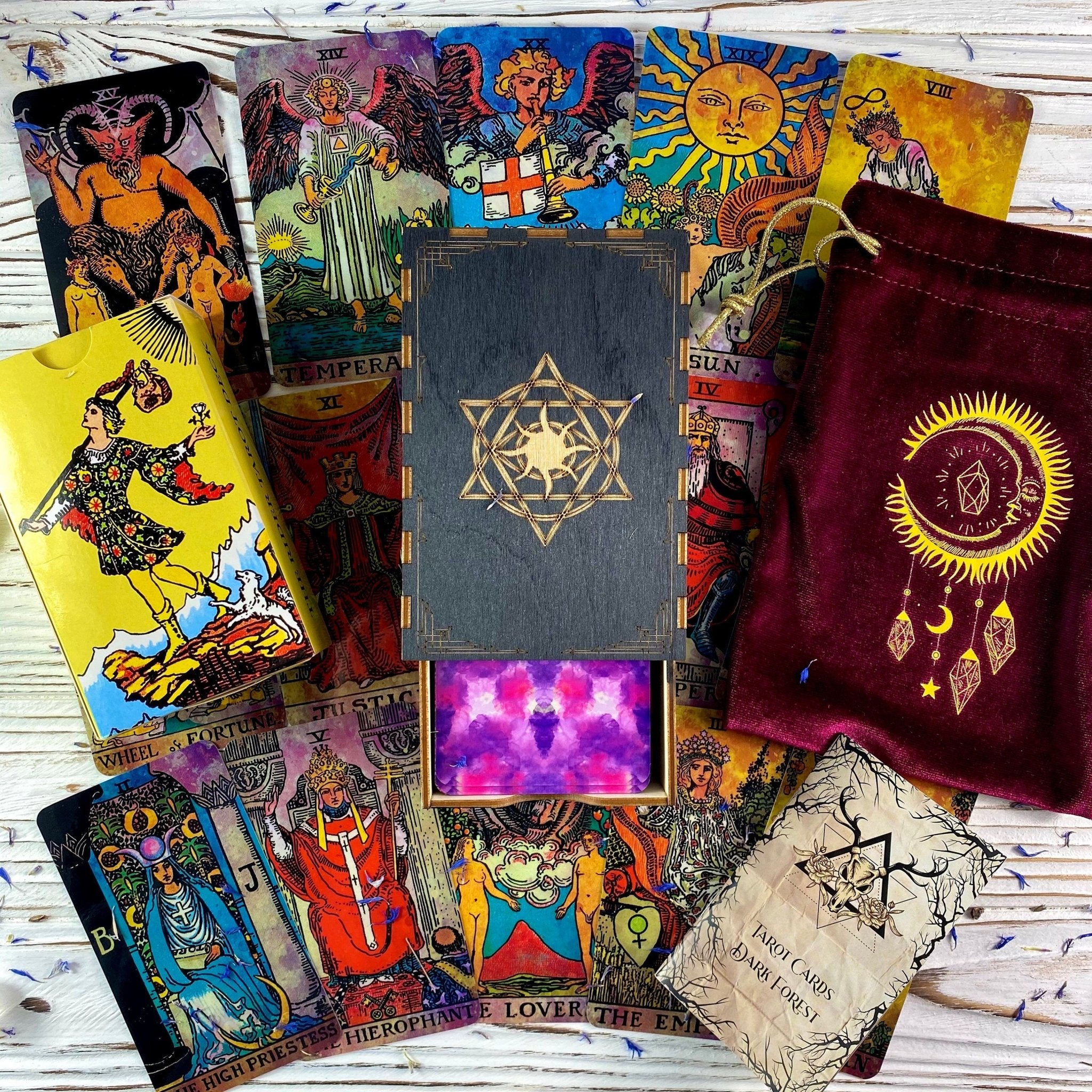 Colorful tarot cards with storage pouch.