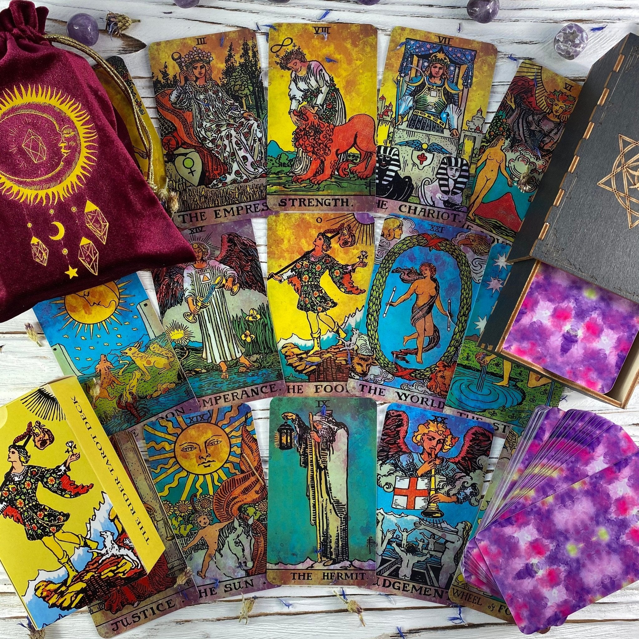 Colorful tarot cards and accessories.