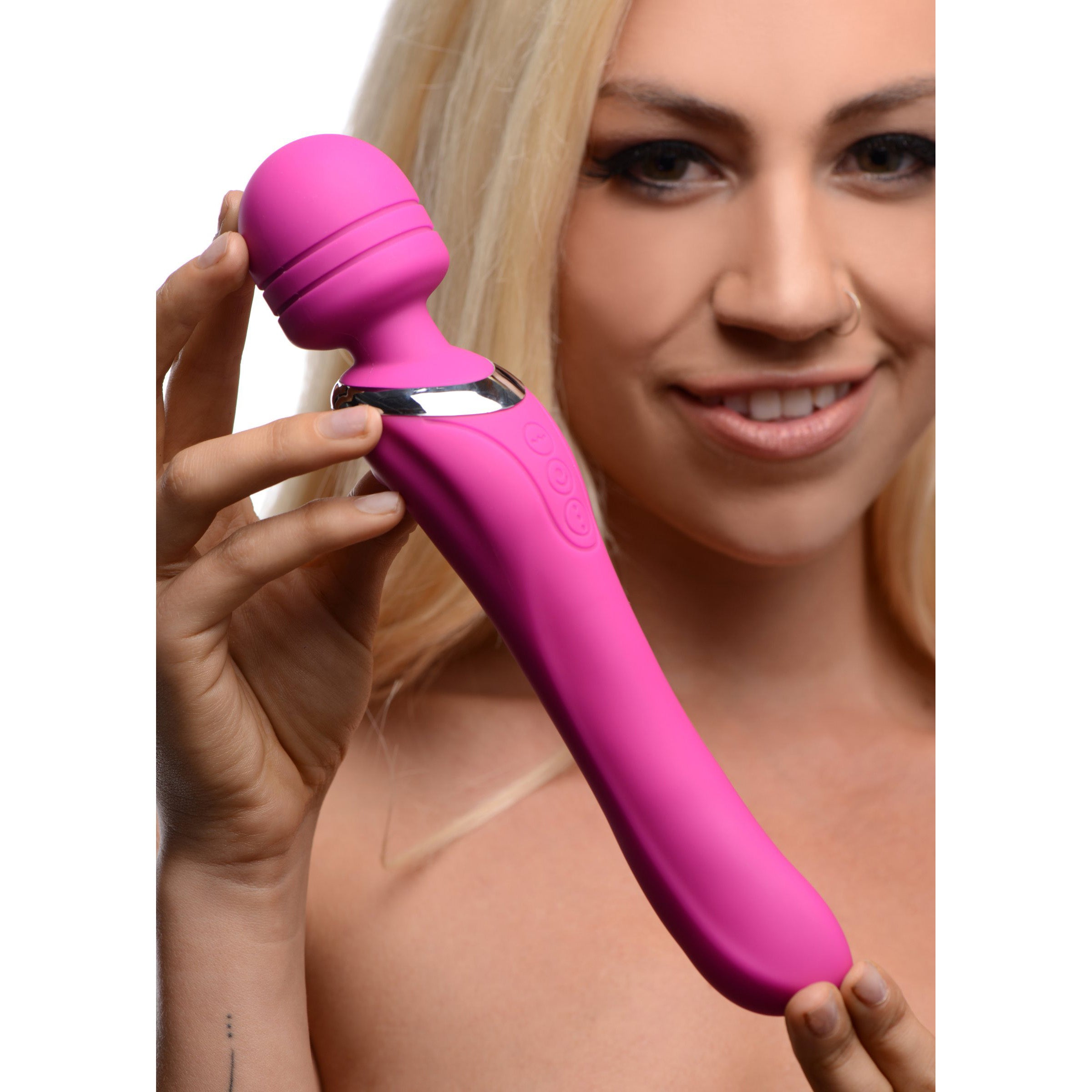 Whirling Wand 2 in 1 Dual Massaging Wand in pink, showcasing its dual-ended design and flexible head for effective massage.