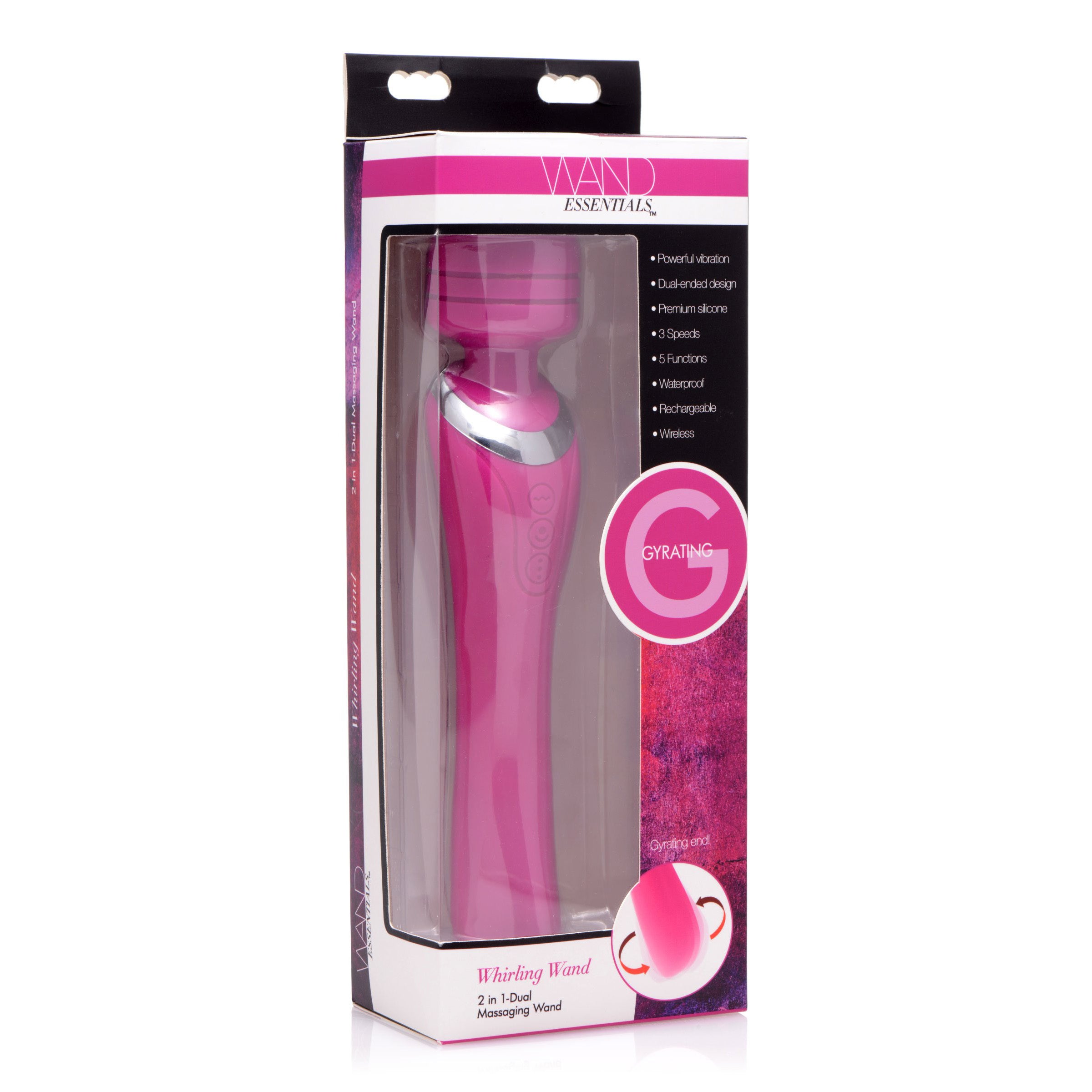 Whirling Wand 2 in 1 Dual Massaging Wand in pink, showcasing its dual-ended design and flexible head for effective massage.