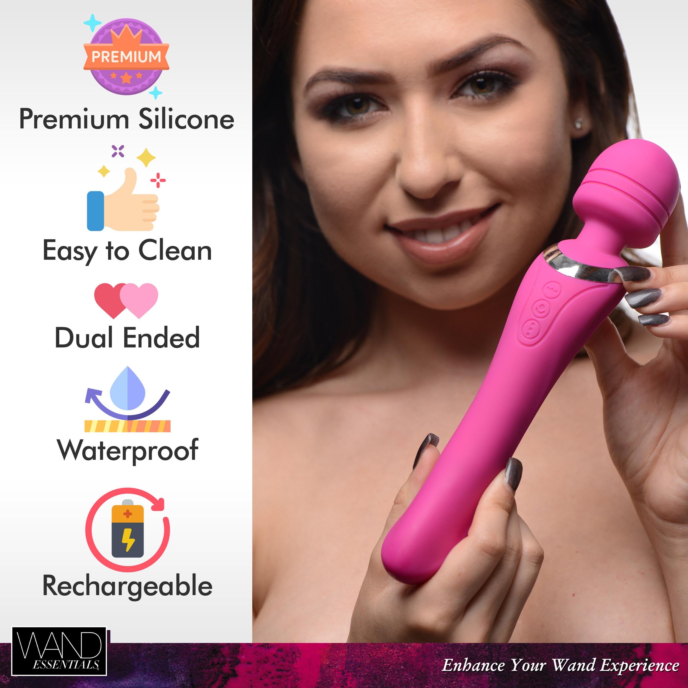 Whirling Wand 2 in 1 Dual Massaging Wand in pink, showcasing its dual-ended design and flexible head for effective massage.