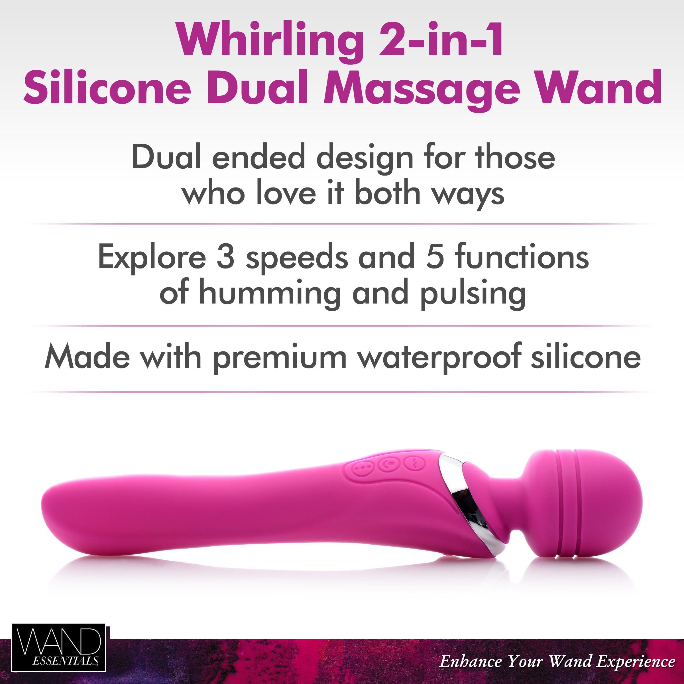 Whirling Wand 2 in 1 Dual Massaging Wand in pink, showcasing its dual-ended design and flexible head for effective massage.