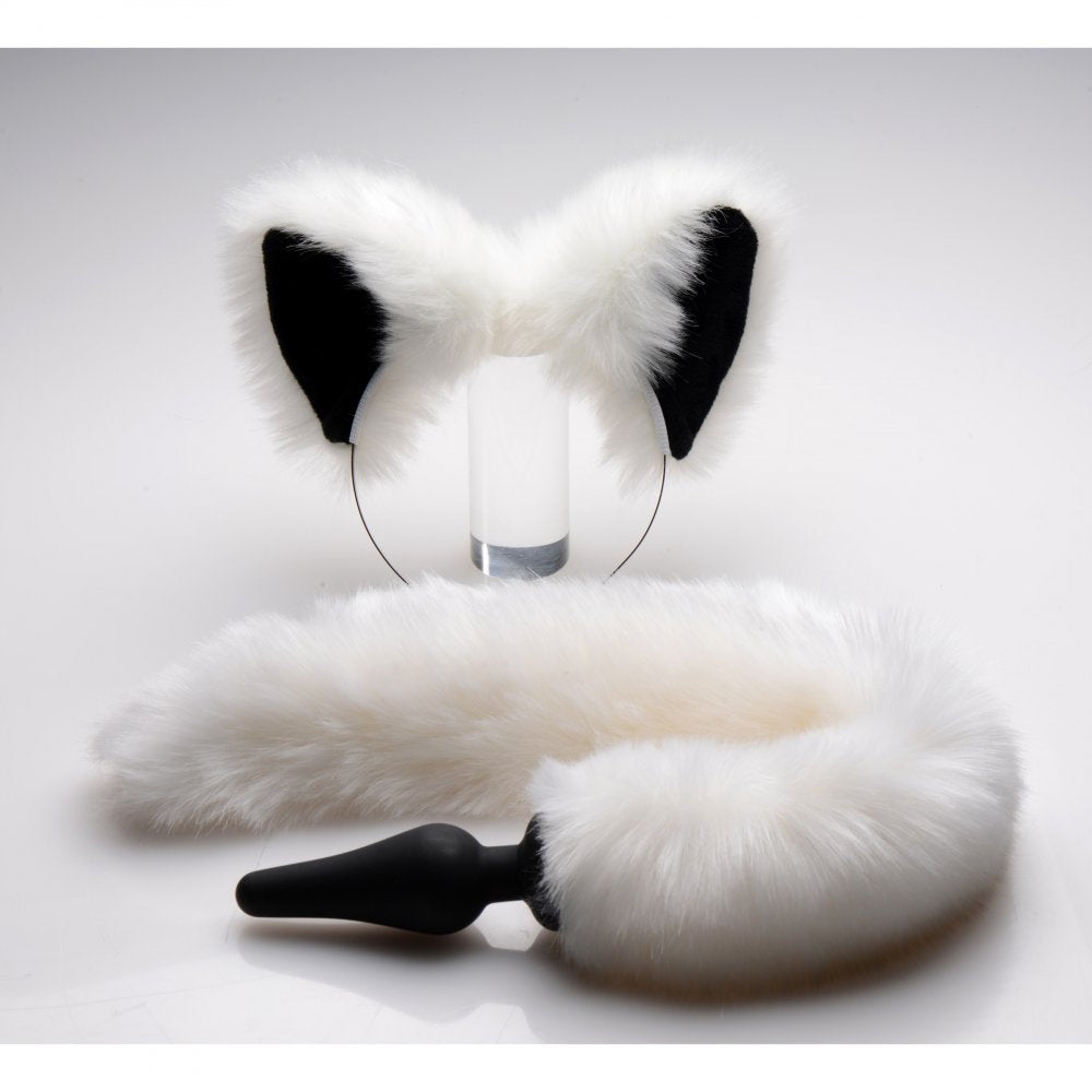 White Fox Tail Anal Plug and Ears Set featuring soft faux fur and premium silicone for playful fantasies.