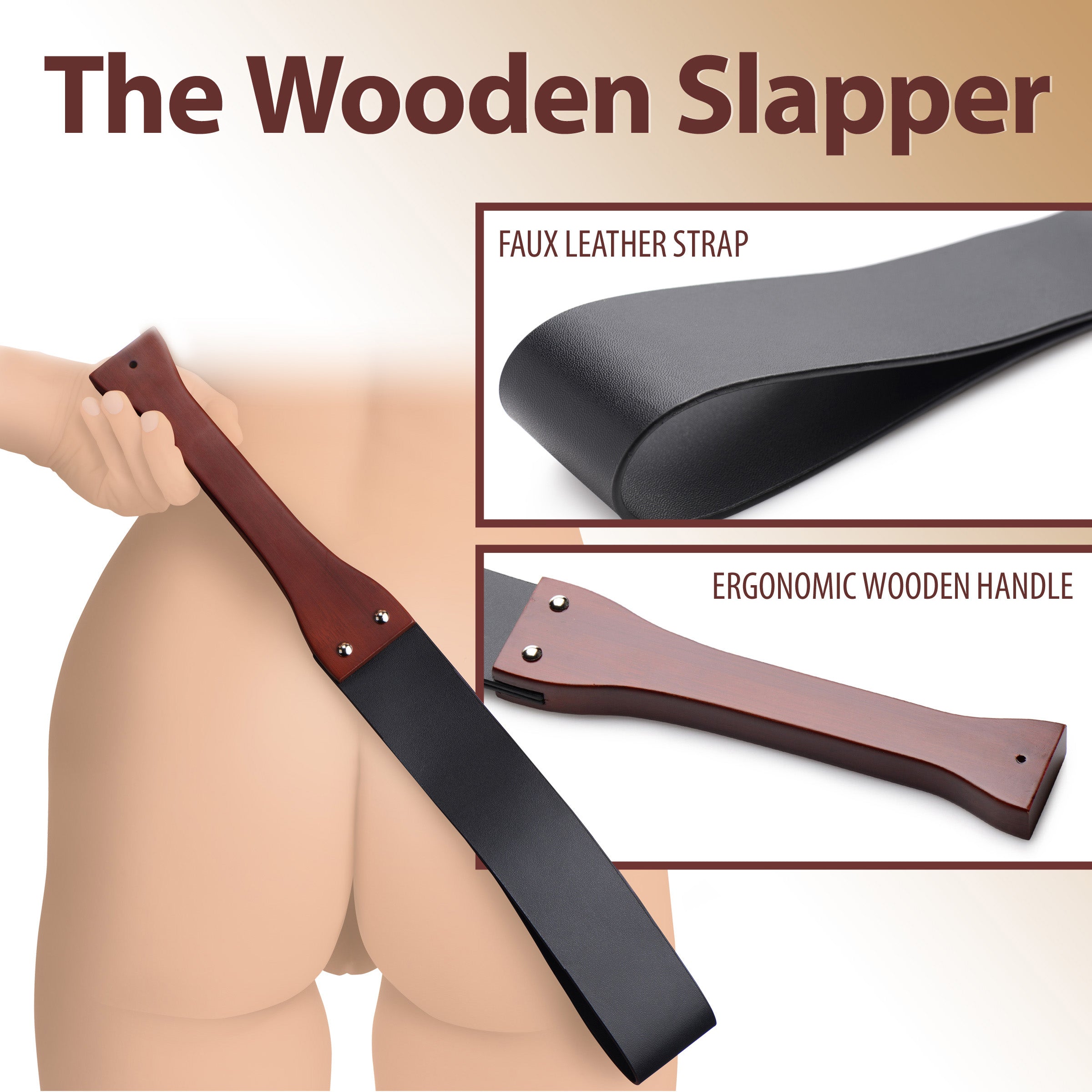 Wooden Slapper with ergonomic handle and PU leather strap, ideal for BDSM play.