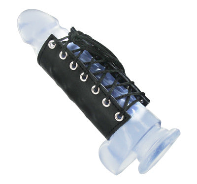 Zeus Electrosex Radian Penis Sheath in black leather with adjustable nylon lacing and inner contact studs for electro stimulation.