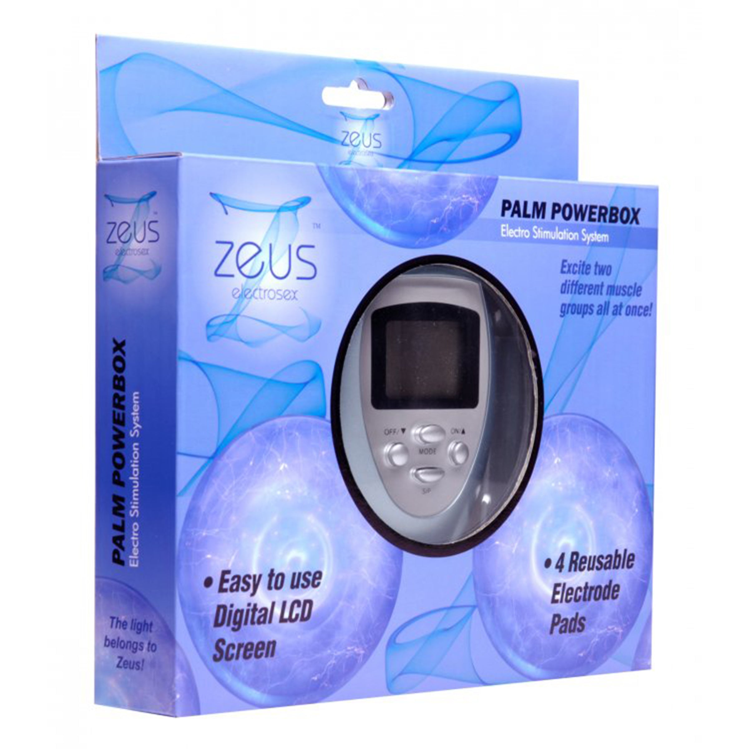 Zeus Palm Powerbox with pads and lead wires, showcasing its compact design and silver color.