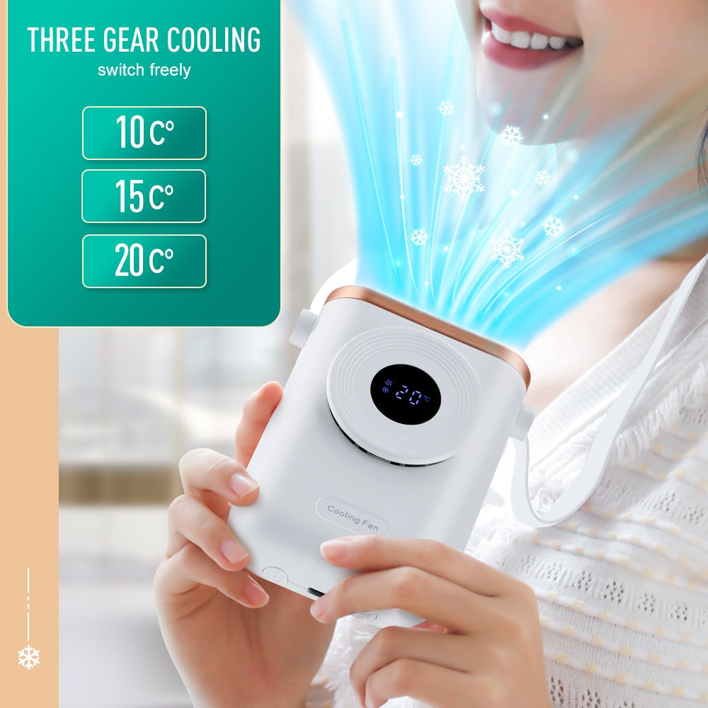 Electric Portable Neck Cooling Fan designed for hands-free cooling with adjustable speeds and digital display.