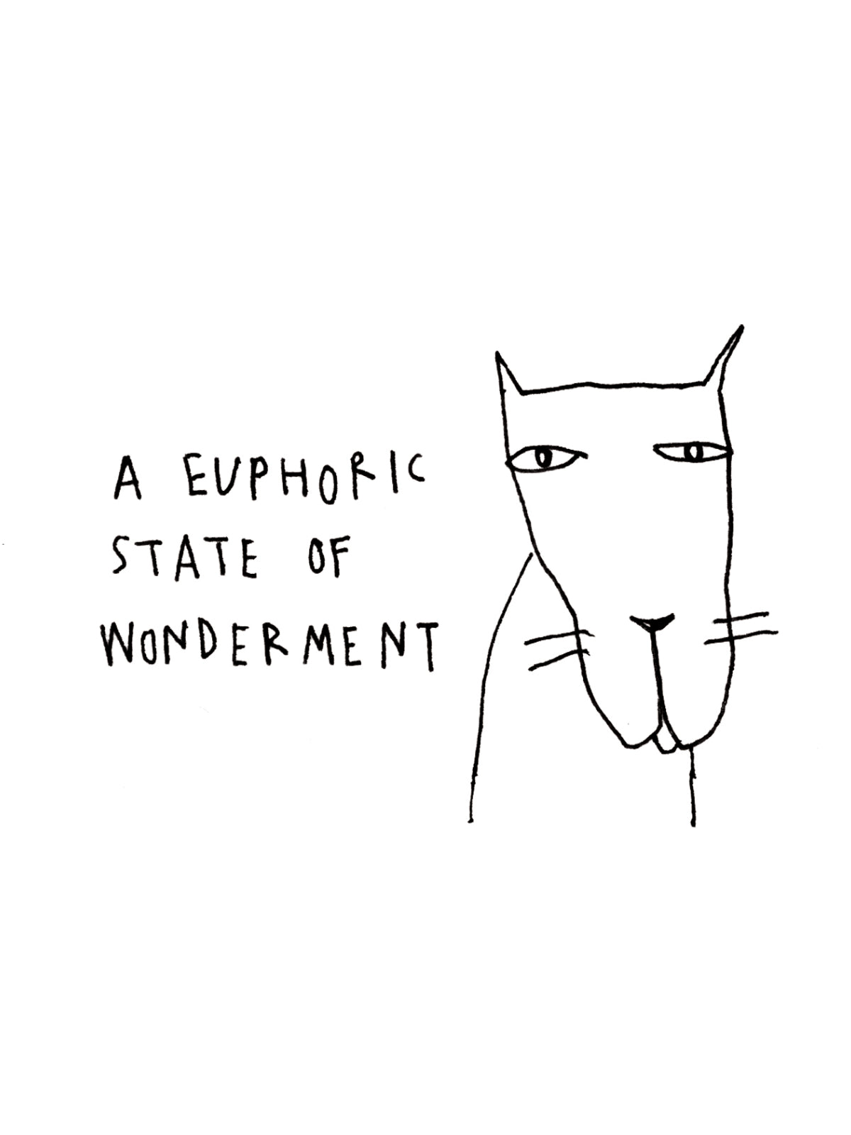 Euphoric Wonderment Cat Card featuring a whimsical cat illustration, made from 100% recycled materials, with a blank interior for personal messages.