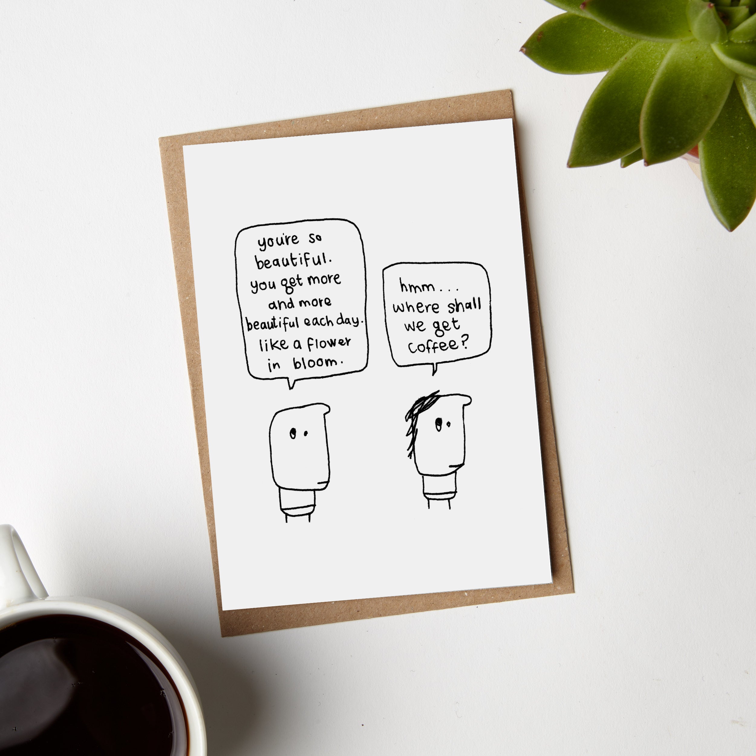 Get Coffee Card made from 100% recycled materials, featuring a blank interior for personal messages, packaged in a compostable bag.