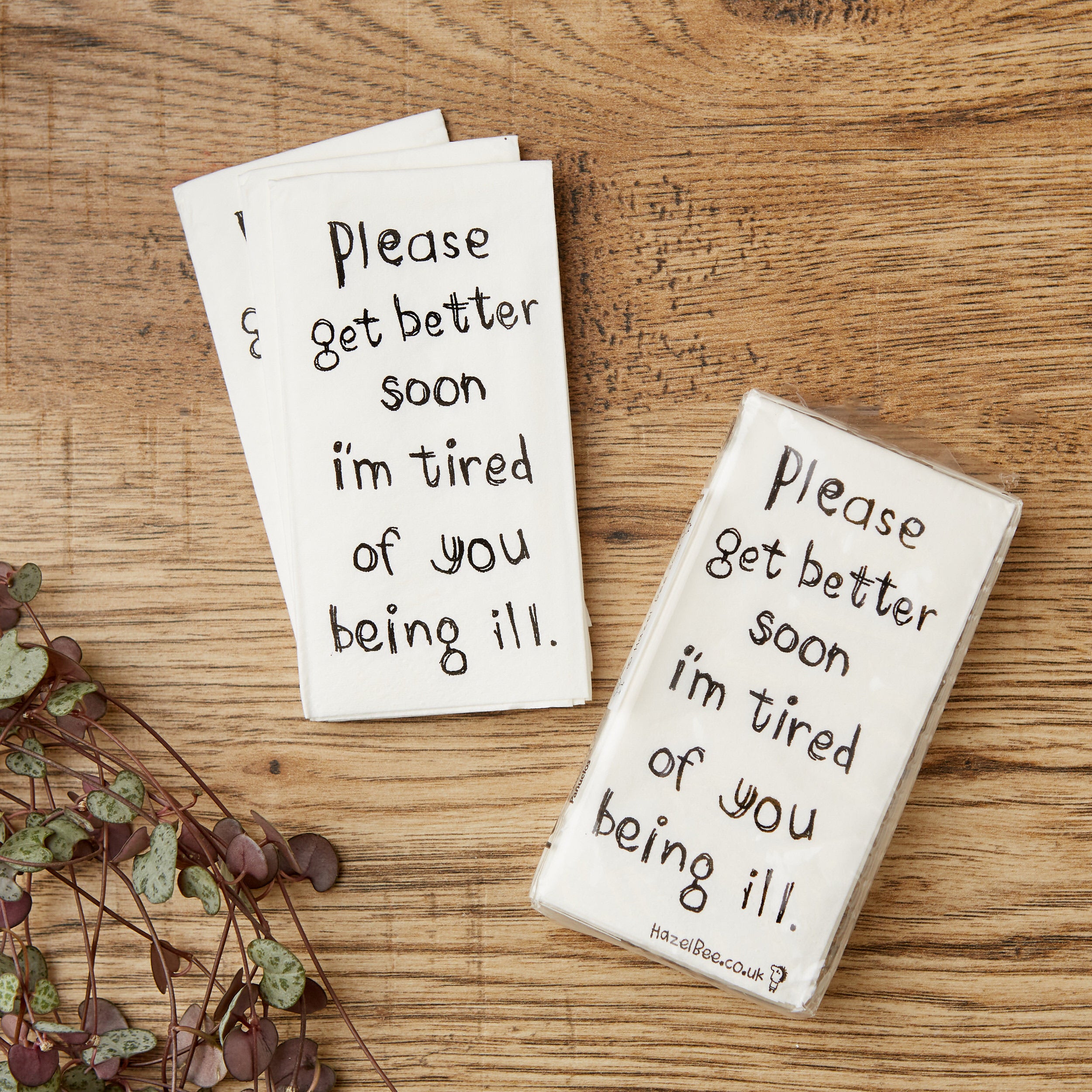 Get Well Soon Tissue Pack featuring 10 soft, eco-friendly tissues printed with a caring message, made from 100% recycled materials.