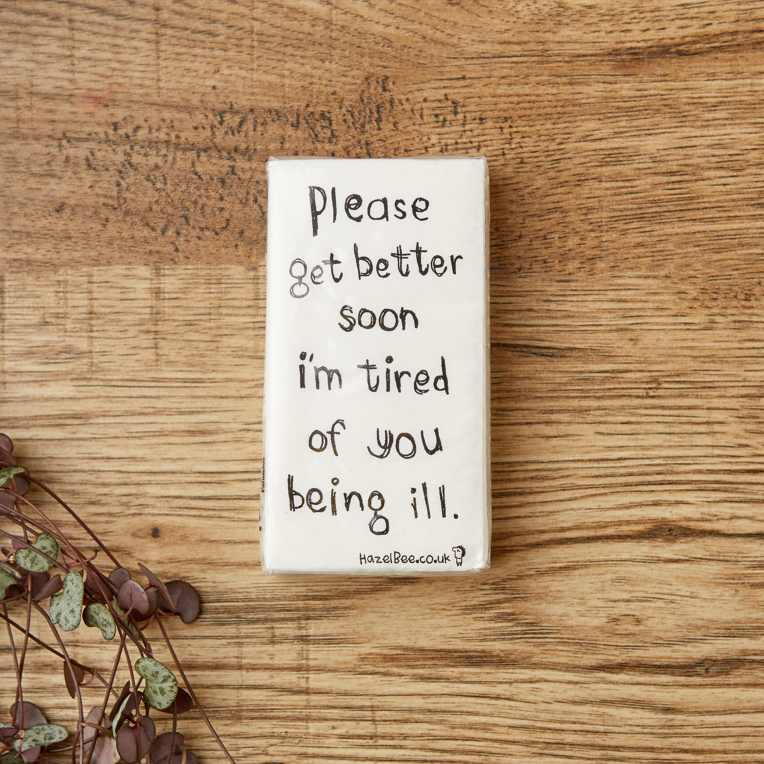 Get Well Soon Tissue Pack featuring 10 soft, eco-friendly tissues printed with a caring message, made from 100% recycled materials.