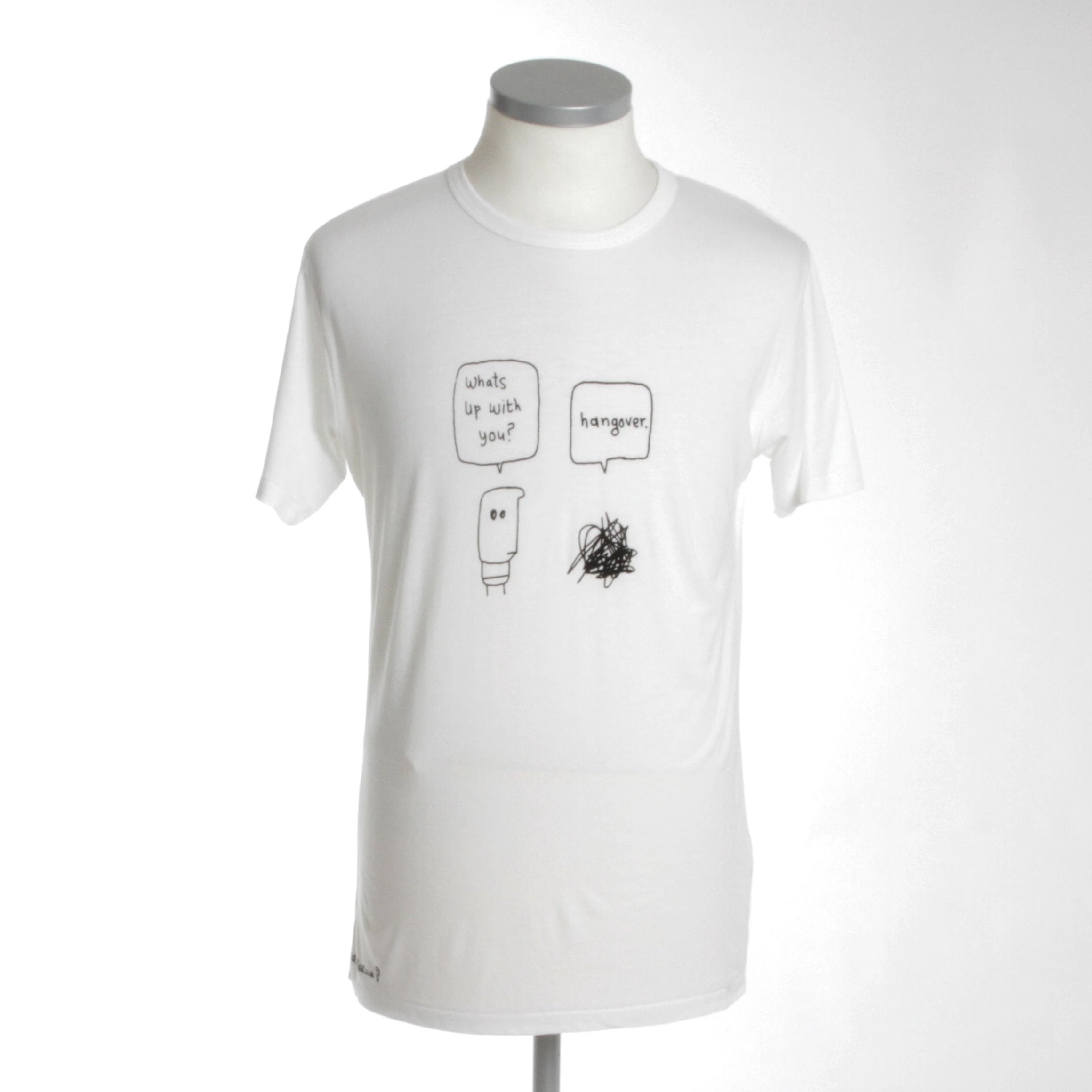 Hangover Bamboo Tee Shirt in white with black ink print, featuring a logo at the hip, made from bamboo viscose and cotton.