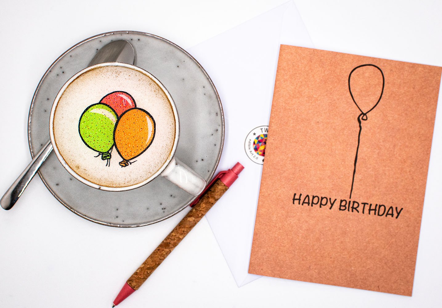 Happy Birthday card featuring a beautiful design with a Twicky Sticky treat flavored with Bourbon vanilla, presented with an envelope and sealing sticker.