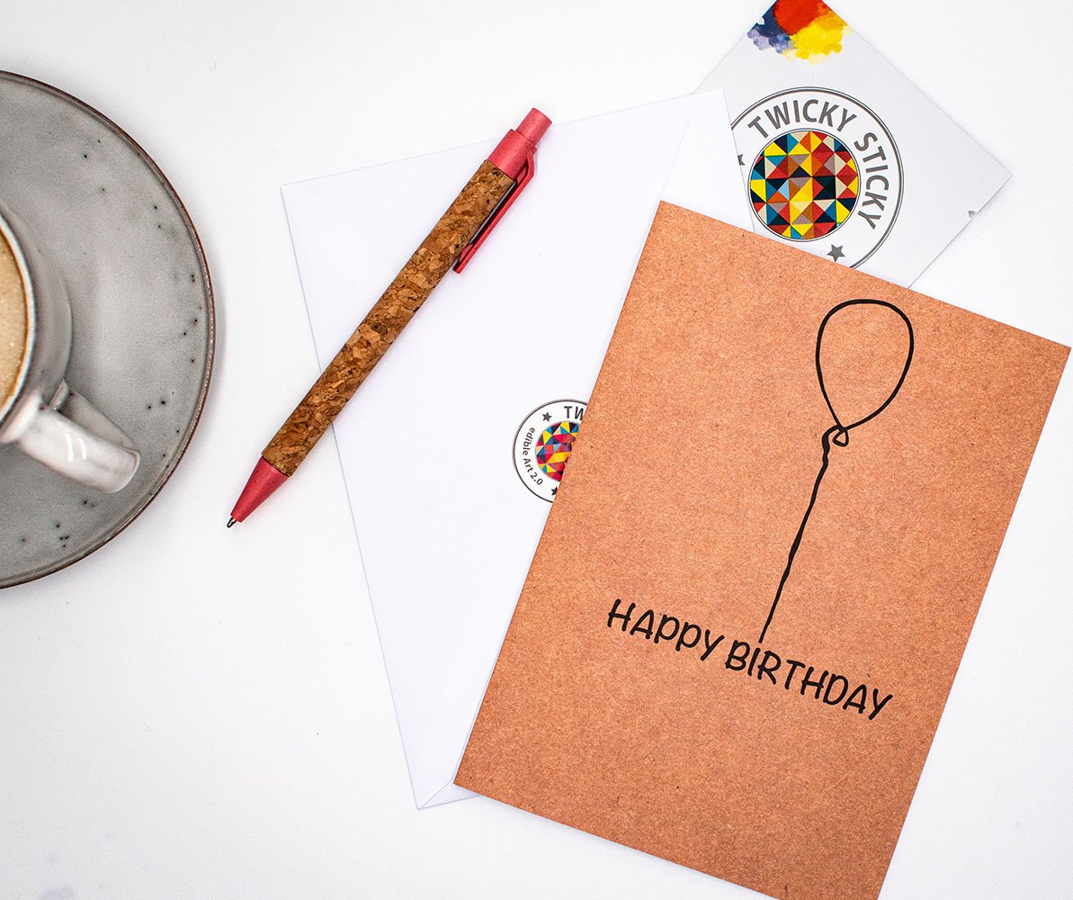 Happy Birthday card featuring a beautiful design with a Twicky Sticky treat flavored with Bourbon vanilla, presented with an envelope and sealing sticker.