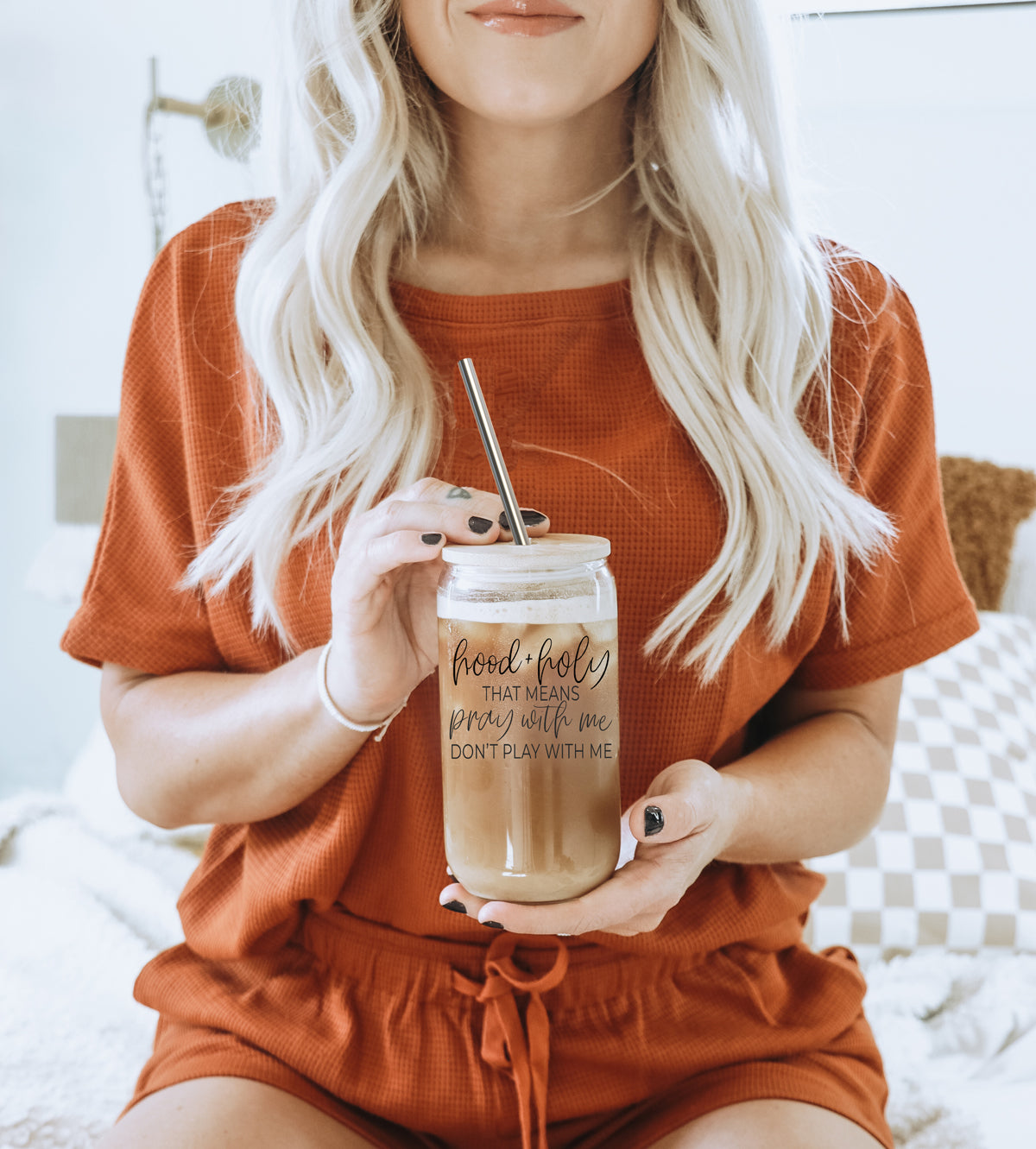 Hood + Holy Set featuring a glass cup with bamboo lid and stainless steel straws, perfect for various beverages.