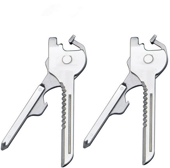 Multipurpose Keychain Key Survive Pocket Opener in stainless steel, showcasing its compact design and multifunctional features.