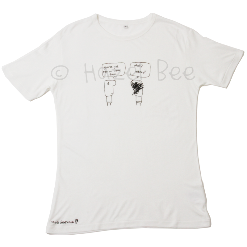 Pen On Face Bamboo Tee Shirt in white with black ink design, featuring a logo at the hip, made from bamboo and cotton.