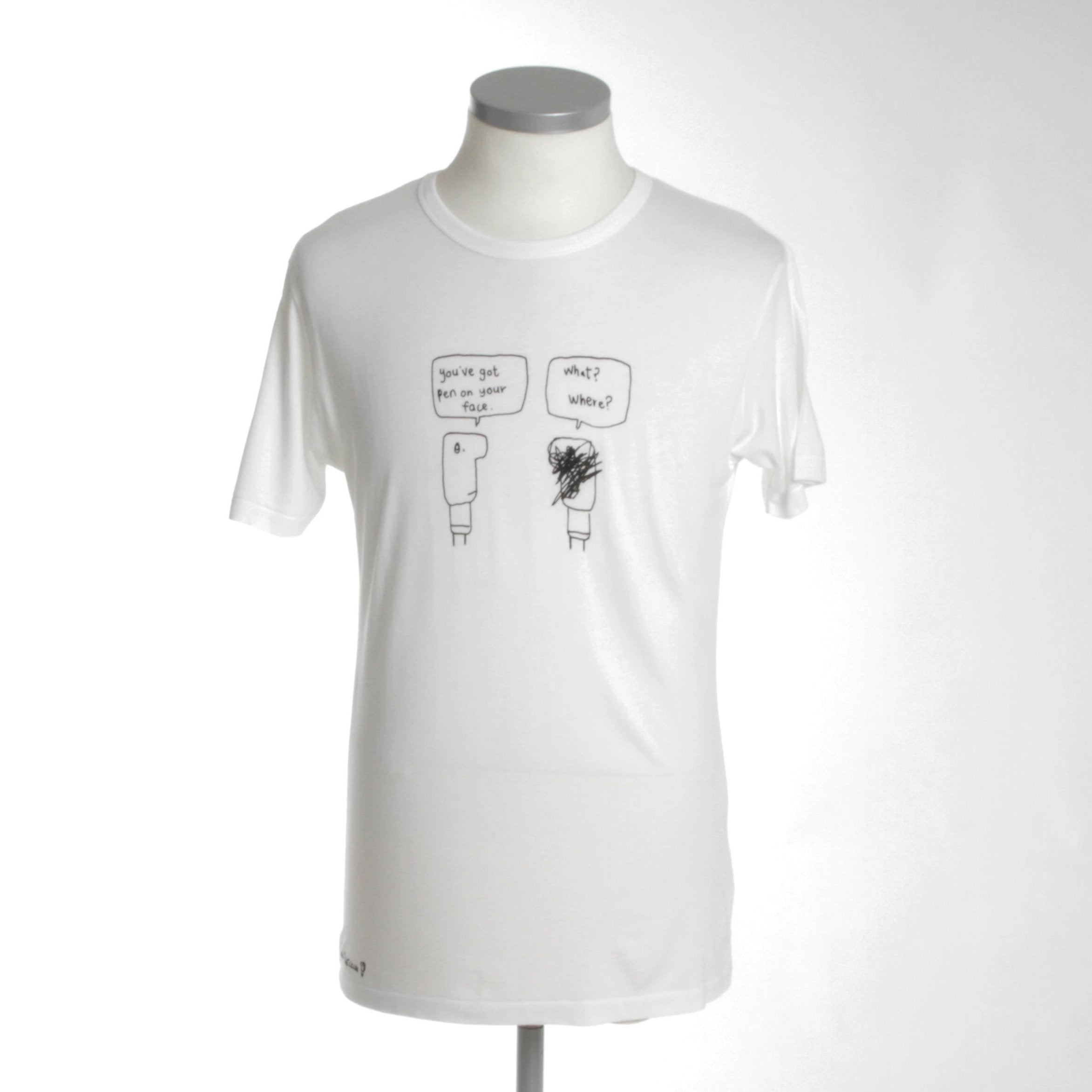 Pen On Face Bamboo Tee Shirt in white with black ink design, featuring a logo at the hip, made from bamboo and cotton.